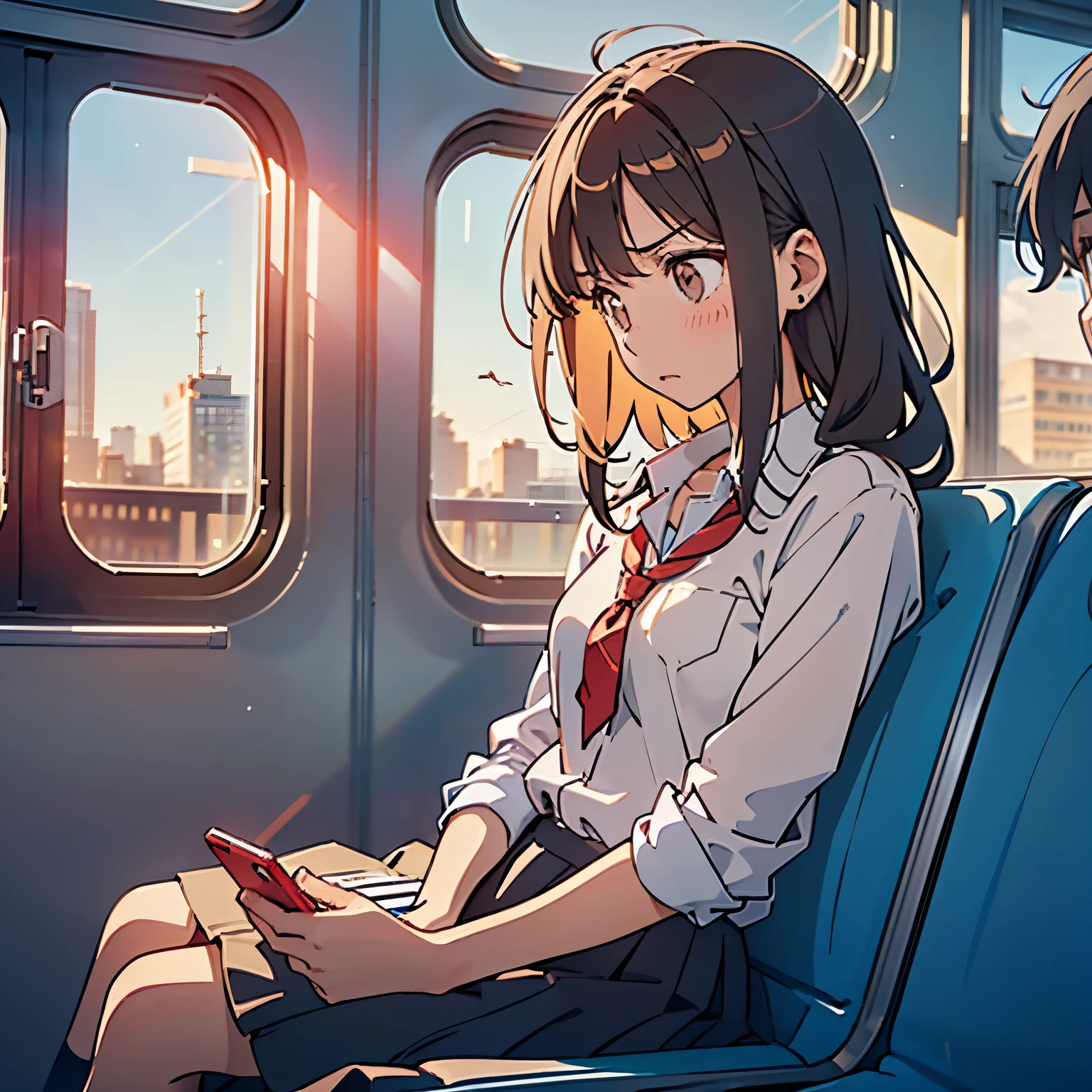 A high school girl is on a train during her morning commute, holding her broken earphones with a troubled expression. She is wearing a school uniform and looking at her smartphone screen with a sigh. One earphone is in her hand as she tries to plug it in, realizing it no longer works, showing her frustration. The background features other quiet passengers sitting, slightly blurred, and the train window reveals a cityscape with morning sunlight streaming in. Her facial expression conveys mild panic and disappointment, capturing a relatable moment from modern high school life