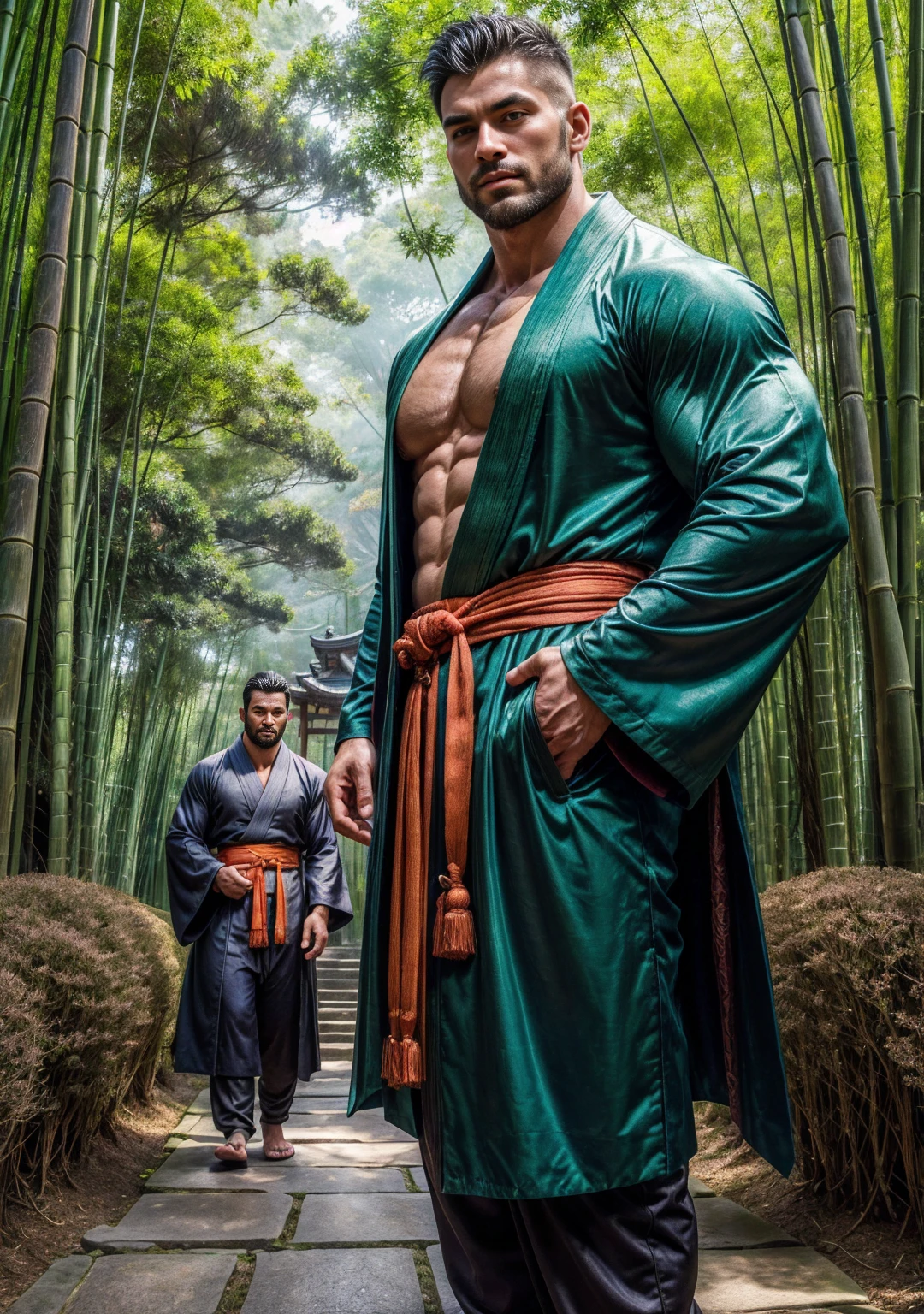 There is only one handsome Asian actor in the picture,30 years old,Tall and handsome, Toned body,short hair, O-Shaped Beard,Perfect body, Dark skin,Glowing skin,Smooth skin,The body is hairless,Muscle bulge, Muscular, Very large pectoral muscles,Very sexy abdominal muscles,Very well-developed leg muscles,Huge concave and convex area,Brightens oily skin,Wearing a gold leather shiny thong,Handsome face, Correct and accurate male body proportions, Stand among the flowers。