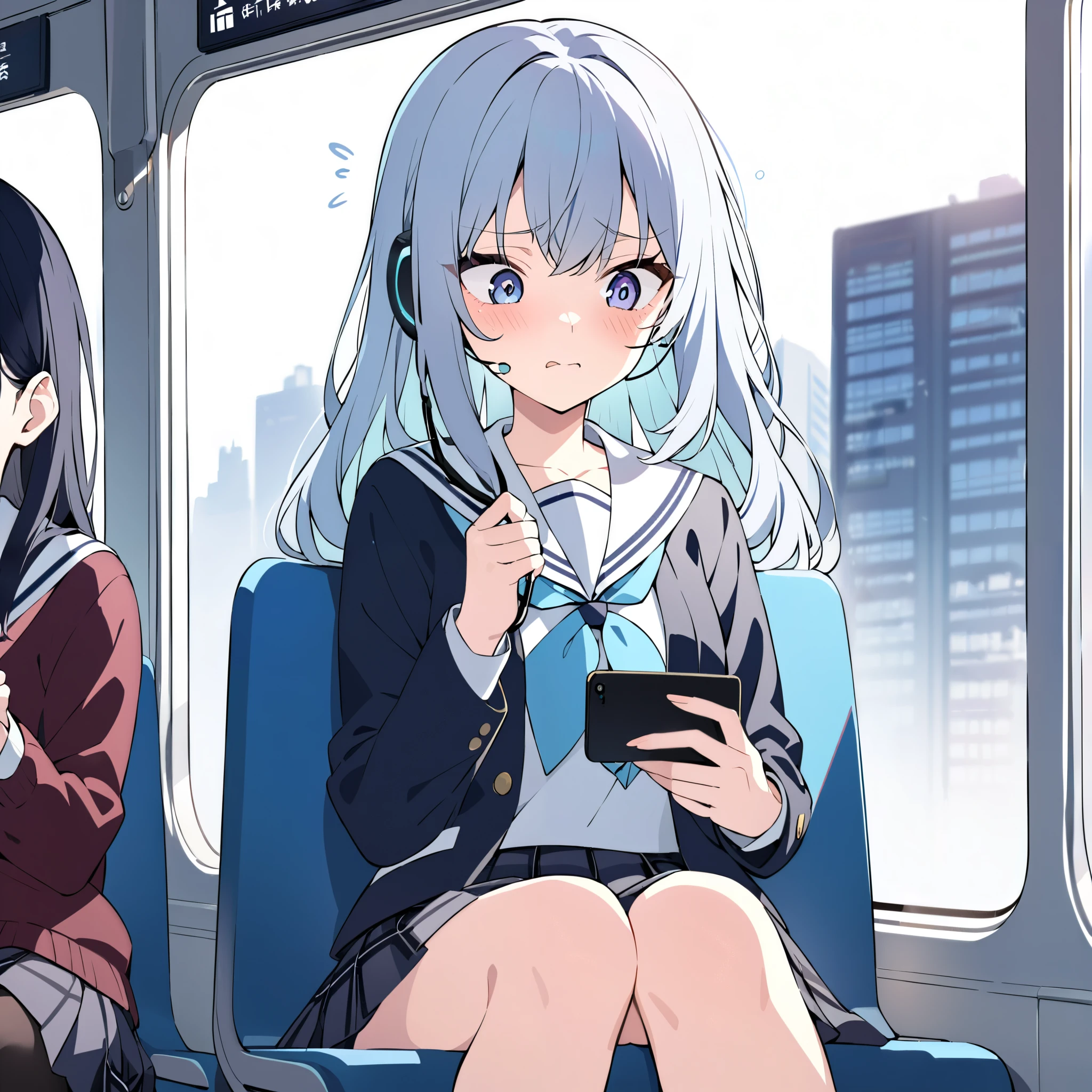 A high school girl is on a train during her morning commute, holding her broken earphones with a troubled expression. She is wearing a school uniform and looking at her smartphone screen with a sigh. One earphone is in her hand as she tries to plug it in, realizing it no longer works, showing her frustration. The background features other quiet passengers sitting, slightly blurred, and the train window reveals a cityscape with morning sunlight streaming in. Her facial expression conveys mild panic and disappointment, capturing a relatable moment from modern high school life