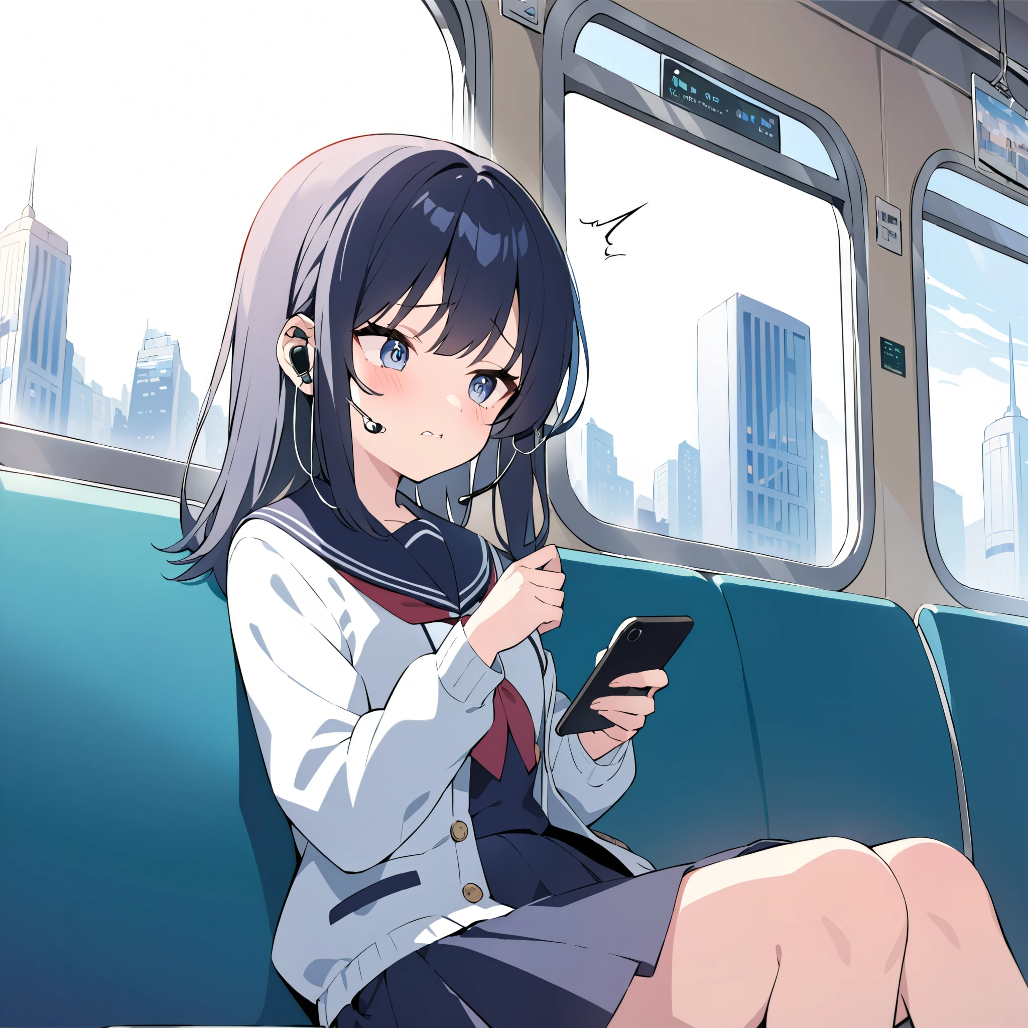 A high school girl is on a train during her morning commute, holding her broken earphones with a troubled expression. She is wearing a school uniform and looking at her smartphone screen with a sigh. One earphone is in her hand as she tries to plug it in, realizing it no longer works, showing her frustration. The background features other quiet passengers sitting, slightly blurred, and the train window reveals a cityscape with morning sunlight streaming in. Her facial expression conveys mild panic and disappointment, capturing a relatable moment from modern high school life