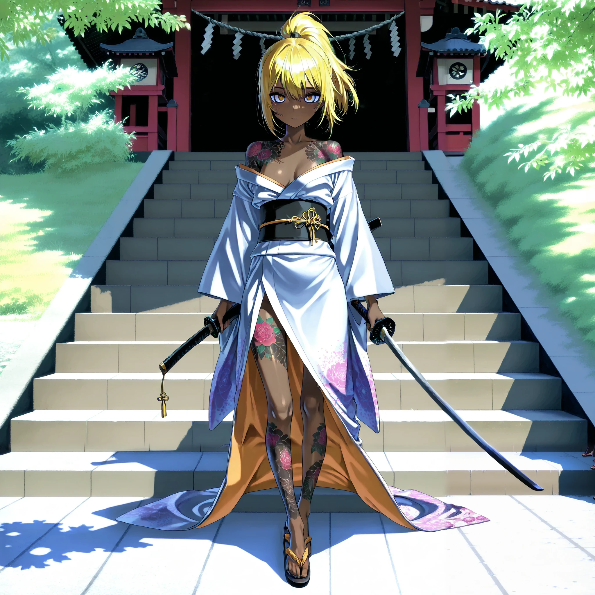 A beautiful ninja holding a Japanese sword、 ponytail on panty、yellow hair、 Brown skin 、 thin legs、 Japanese kimono、 perfect face 、 Masterpiece, anatomically accurate, top quality, textured skin, full body tattoos /Japanese carving/、 MOVIE LIGHT EFFECT , anime screenshot