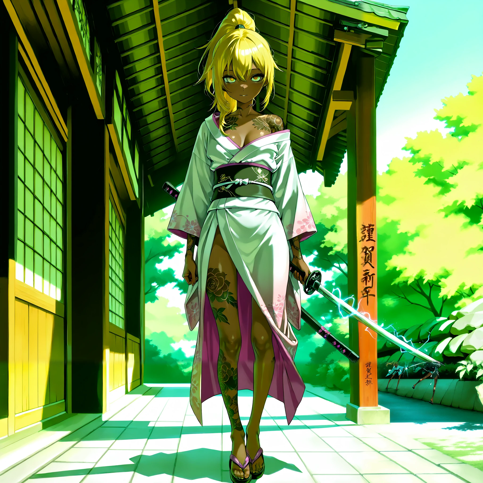 A beautiful ninja holding a Japanese sword、 ponytail on panty、yellow hair、 Brown skin 、 thin legs、 Japanese kimono、 perfect face 、 Masterpiece, anatomically accurate, top quality, textured skin, full body tattoos /Japanese carving/、 MOVIE LIGHT EFFECT , anime screenshot