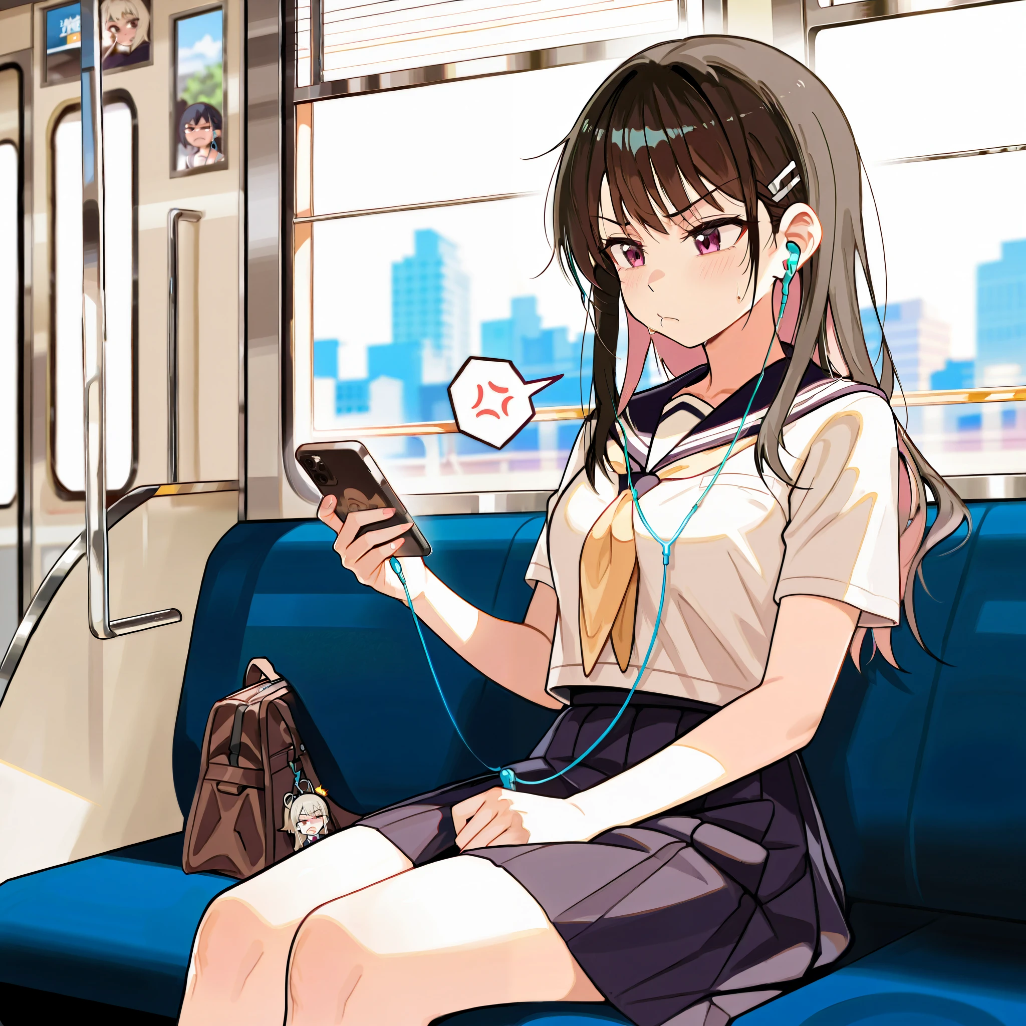 A high school girl is on a train during her morning commute, holding her broken earphones with a troubled expression. She is wearing a school uniform and looking at her smartphone screen with a sigh. One earphone is in her hand as she tries to plug it in, realizing it no longer works, showing her frustration. The background features other quiet passengers sitting, slightly blurred, and the train window reveals a cityscape with morning sunlight streaming in. Her facial expression conveys mild panic and disappointment, capturing a relatable moment from modern high school life