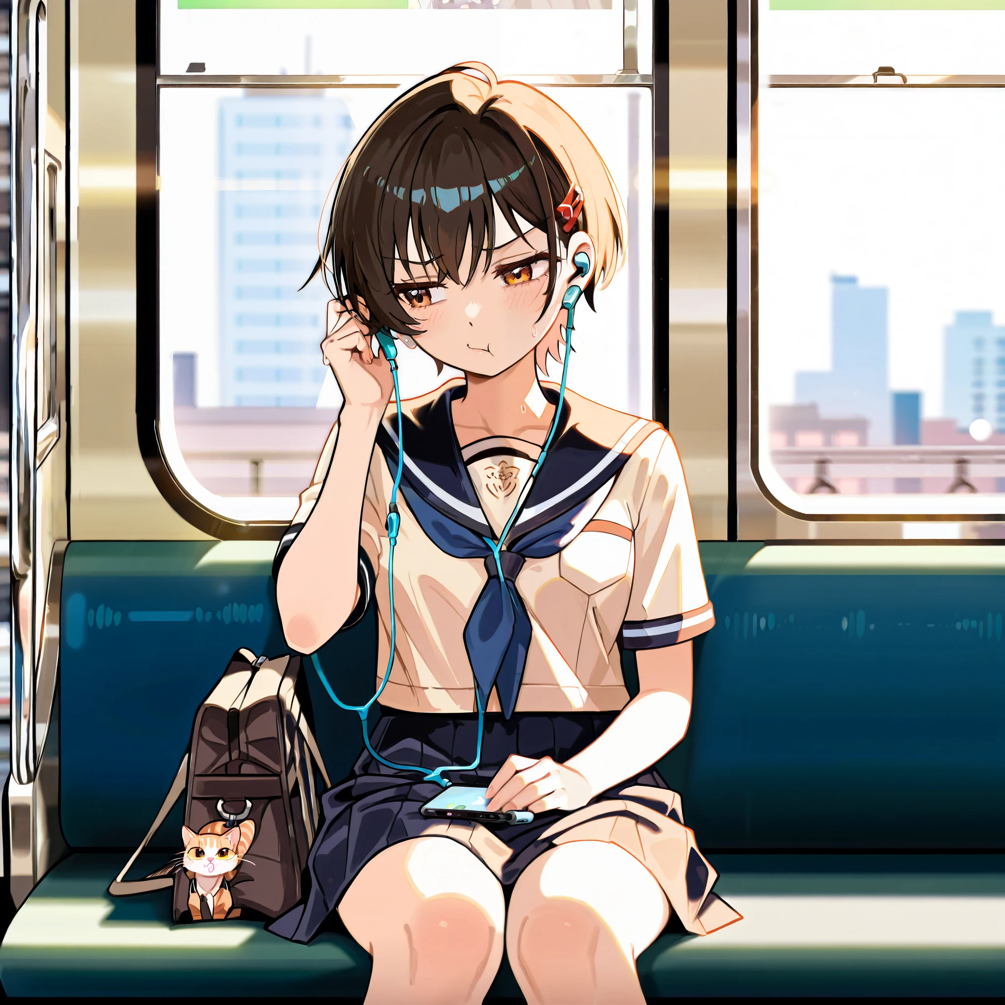 A high school girl is on a train during her morning commute, holding her broken earphones with a troubled expression. She is wearing a school uniform and looking at her smartphone screen with a sigh. One earphone is in her hand as she tries to plug it in, realizing it no longer works, showing her frustration. The background features other quiet passengers sitting, slightly blurred, and the train window reveals a cityscape with morning sunlight streaming in. Her facial expression conveys mild panic and disappointment, capturing a relatable moment from modern high school life