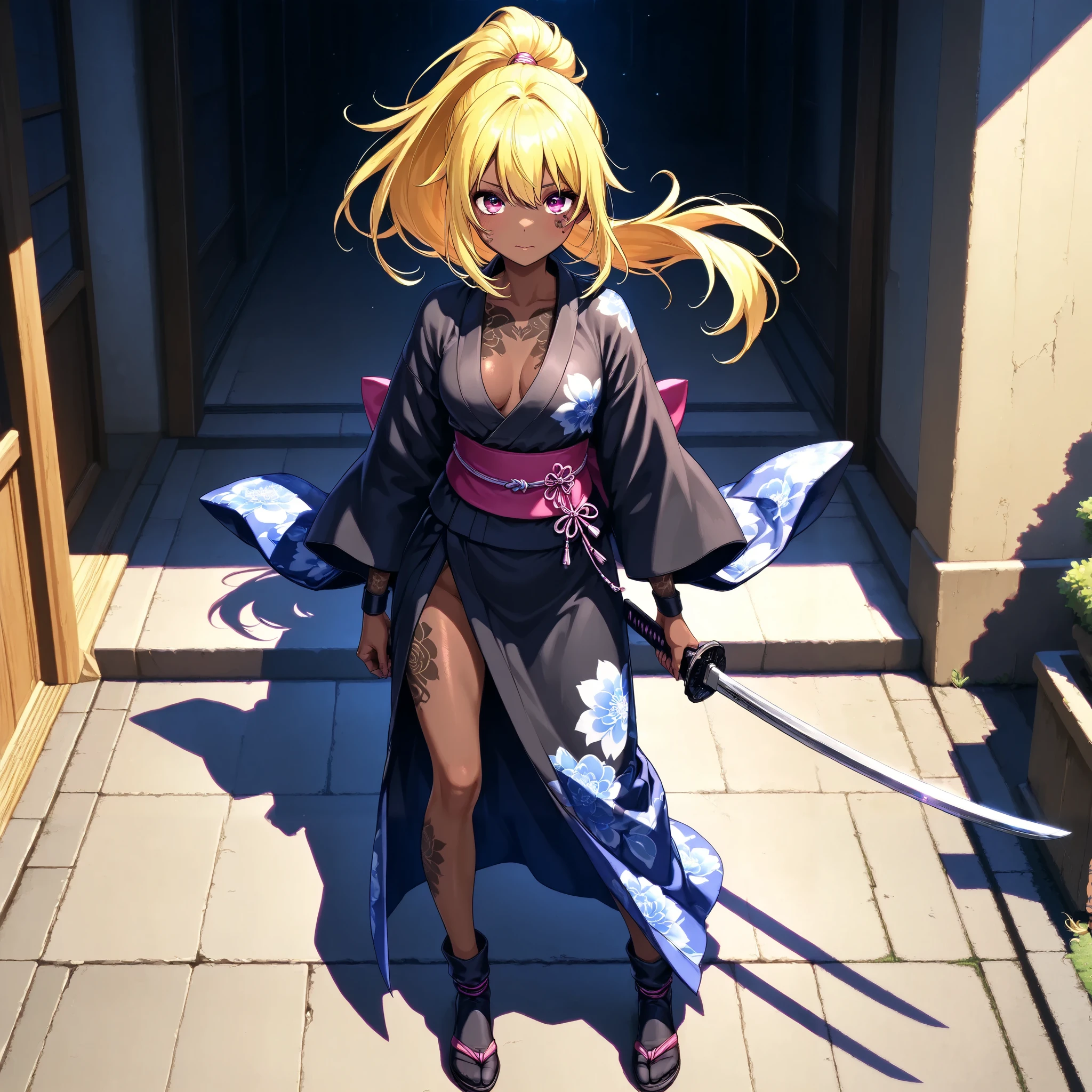 A beautiful ninja holding a Japanese sword、 ponytail on panty、yellow hair、 Brown skin 、 thin legs、 Japanese kimono、 perfect face 、 Masterpiece, anatomically accurate, top quality, textured skin, full body tattoos /Japanese carving/、 MOVIE LIGHT EFFECT , anime screenshot