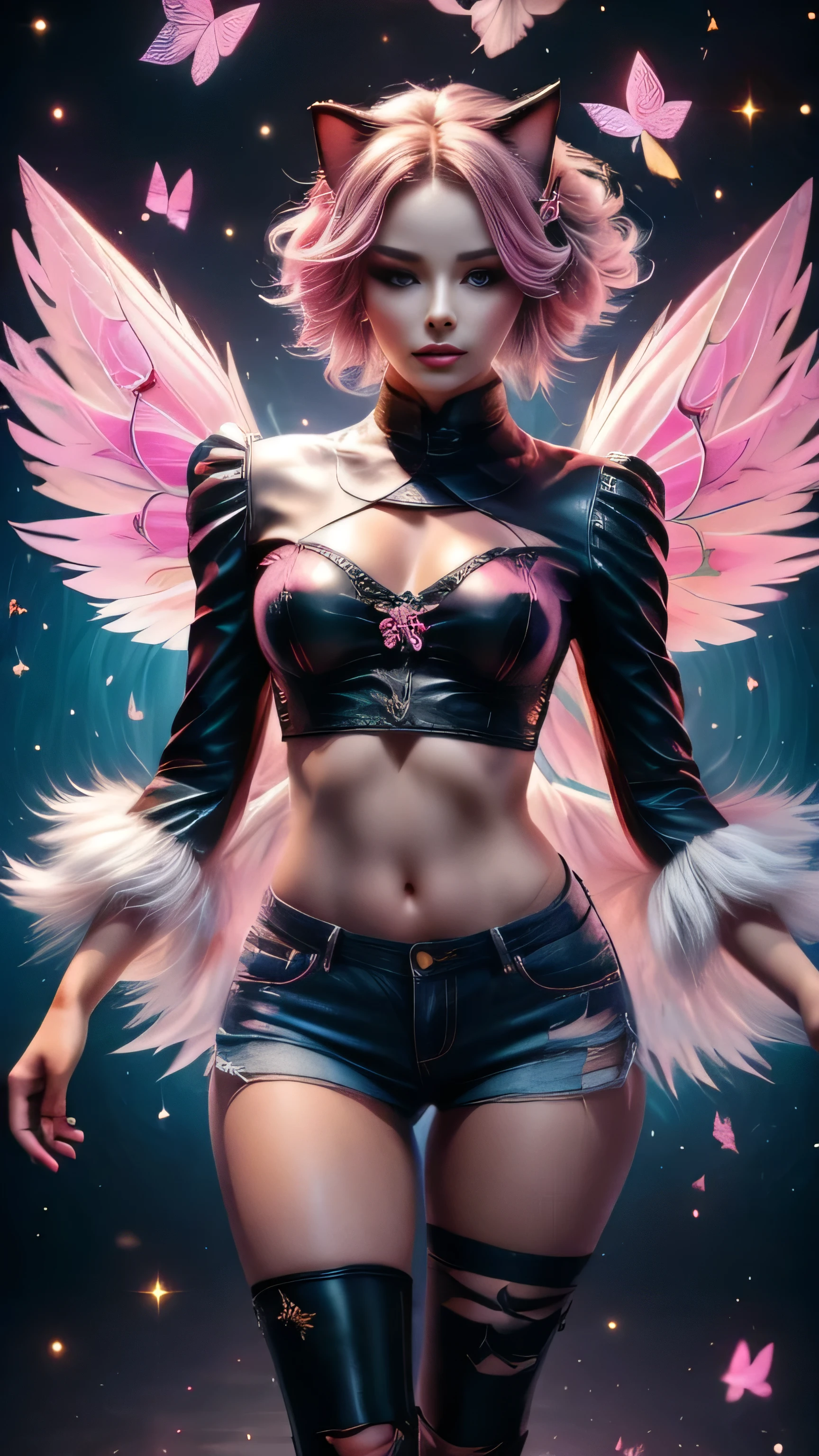 shimmering, sparkling, airbrushed gothic beauty with long black and pink hair in flowing waves, blue eyes, full slim skinny gothic cat girl body, ragged black and pink fluffy wings extending behind her crouching figure, her outfit consists of a pink long-sleeved top with the words "No More Flying" on it, ripped black jeans, pink leather boots, a mottled pink and black background with fluttering feathers, fantastic realism sparkles with unearthly magic