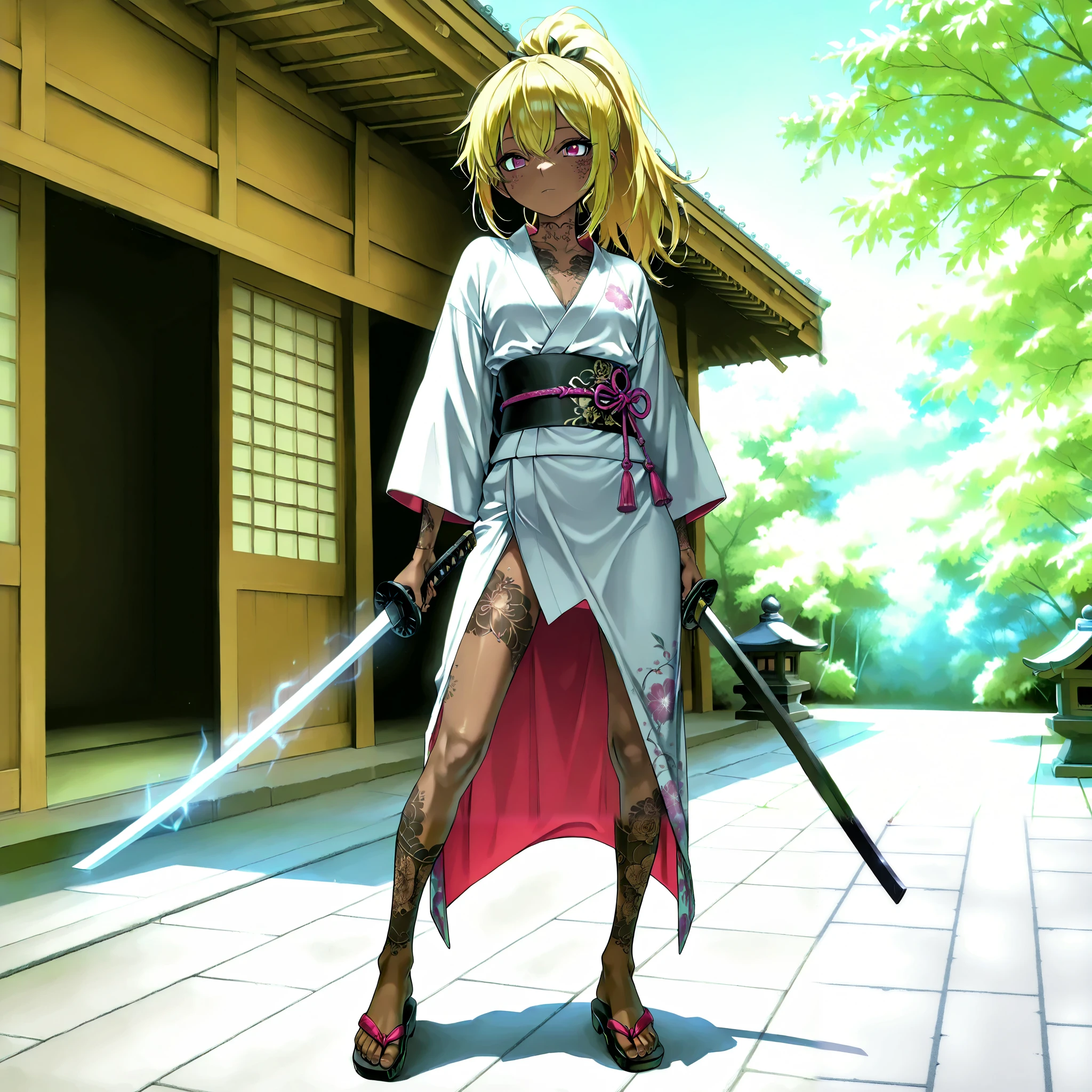 A beautiful ninja holding a Japanese sword、 ponytail on panty、yellow hair、 Brown skin 、 thin legs、 Japanese kimono、 perfect face 、 Masterpiece, anatomically accurate, top quality, textured skin, full body tattoos /Japanese carving/、 MOVIE LIGHT EFFECT , anime screenshot