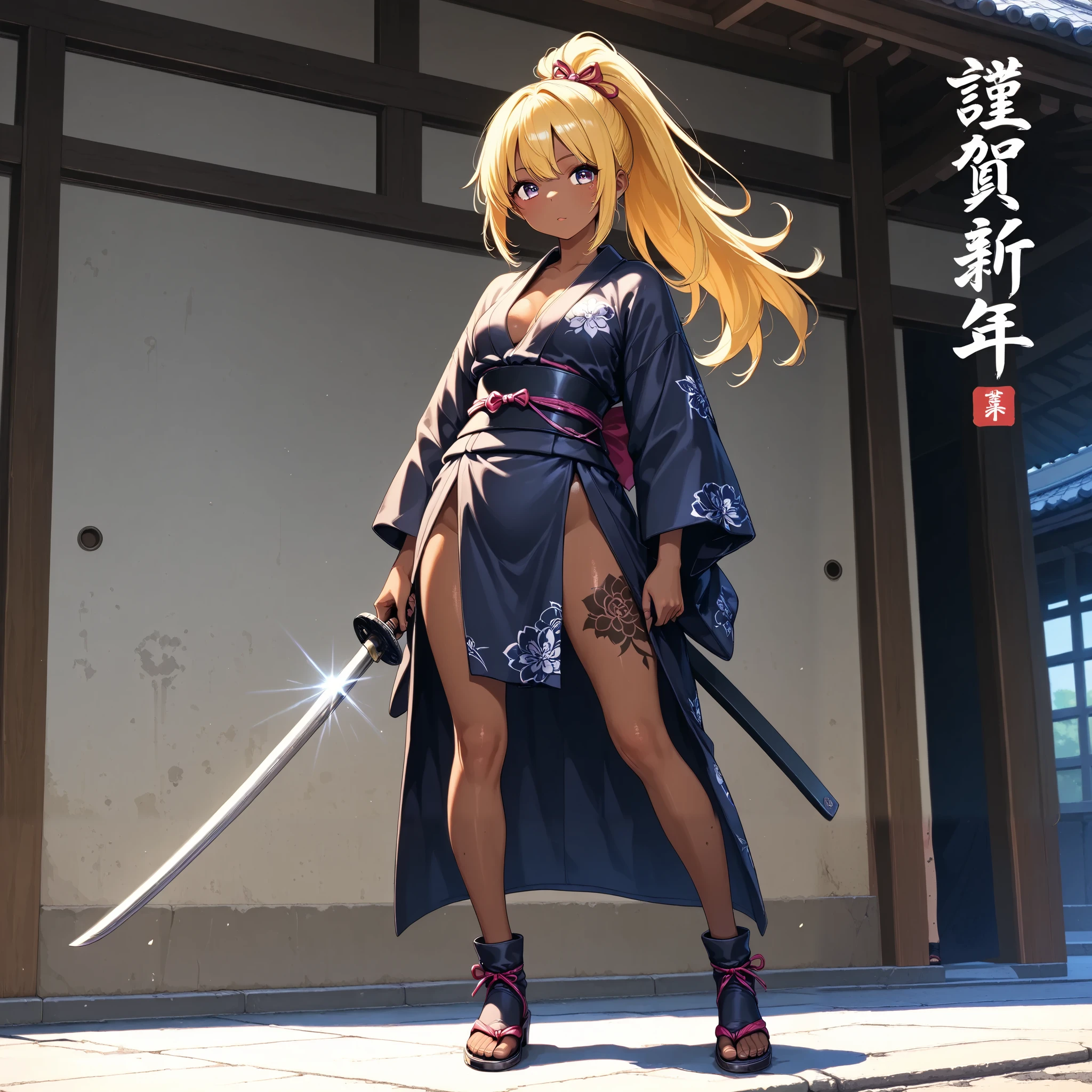 A beautiful ninja holding a Japanese sword、 ponytail on panty、yellow hair、 Brown skin 、 thin legs、 Japanese kimono、 perfect face 、 Masterpiece, anatomically accurate, top quality, textured skin, full body tattoos /Japanese carving/、 MOVIE LIGHT EFFECT , anime screenshot