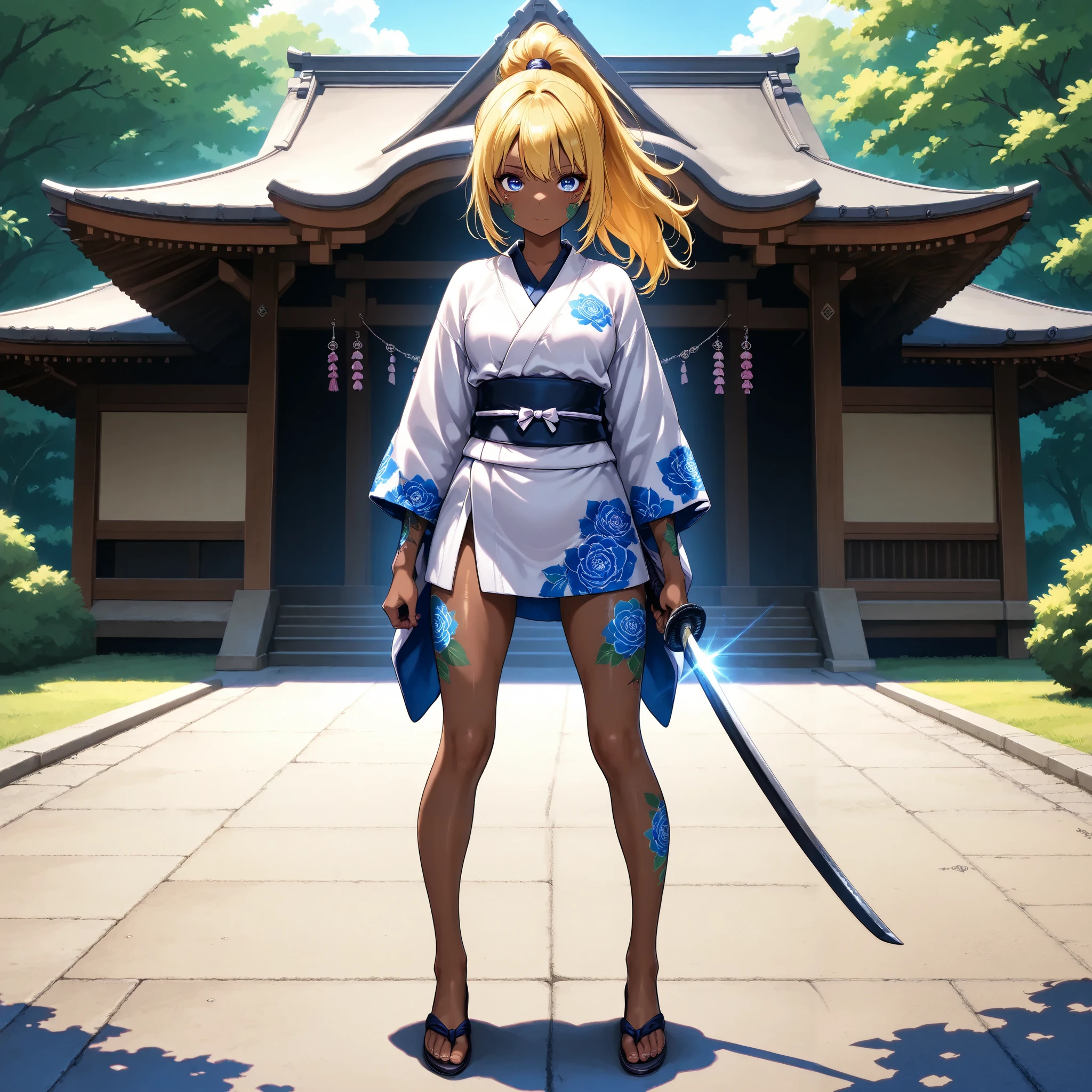 A beautiful ninja holding a Japanese sword、 ponytail on panty、yellow hair、 Brown skin 、 thin legs、 Japanese kimono、 perfect face 、 Masterpiece, anatomically accurate, top quality, textured skin, full body tattoos /Japanese carving/、 MOVIE LIGHT EFFECT , anime screenshot