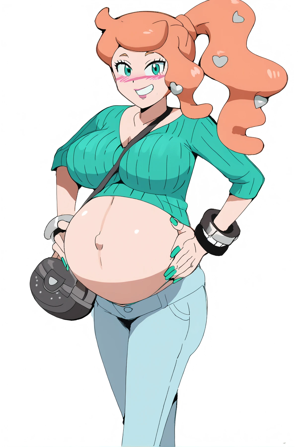 score_9, score_7_up BREAK solo,EPpkSonia,orange hair, side ponytail, aqua eyes, long hair, eyewear on head, sunglasses, heart hair ornament,ribbed shirt, aqua shirt, pregnant , pregnant belly, strap between breasts, cleavage, bracelet, collarbone, blue pants, shoulder bag, long sleeves, nail polish, aqua,happy