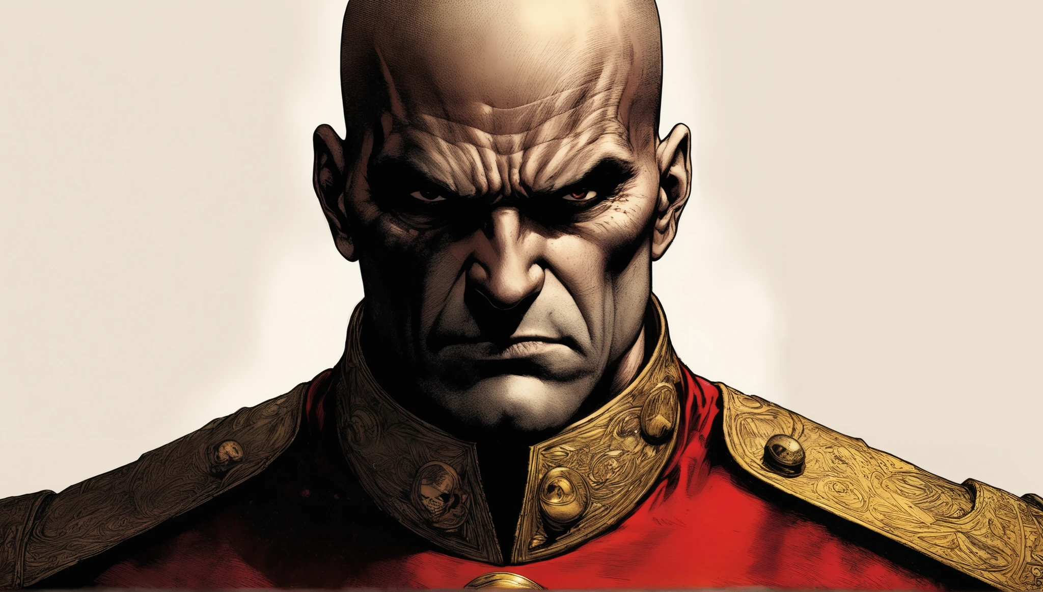 a close up of a man in a red uniform with a bald head, metabaron, bald head and menacing look, david finch, middle aged balding superhero, an angry muscular army general, mark schultz, portrait of a mad general, red skull, bald male swashbuckler, bald man, james edmiston, high detail iconic character, dark supervillain