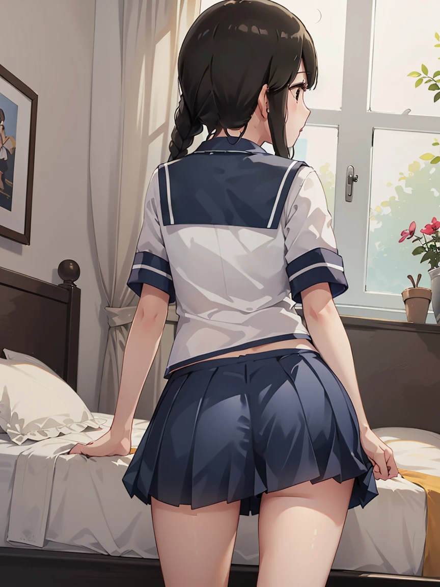 hi-school girl、panties on、Panchira、realisitic、8K、high-level image quality、A dark-haired、s ass、Skirt twisted、thighs thighs thighs thighs、posterior view、Slender figure、A slender、long legged、((posterior view))、((pantie shot))、a sailor suit、inside a classroom、In the school、((独奏、1 persons))、(((Butt bite)))