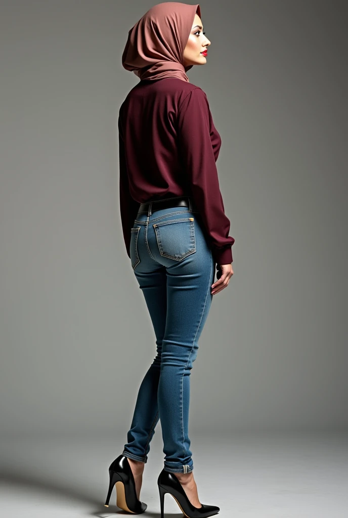 Woman wearing high-heeled hijab, Waist chain, schmale Size, sehr skinny jeans, look back, the image, big , athletic legs, blicke, hoe face, 50 years old, with wrinkles on her face ,, looking back, full body picture, from side