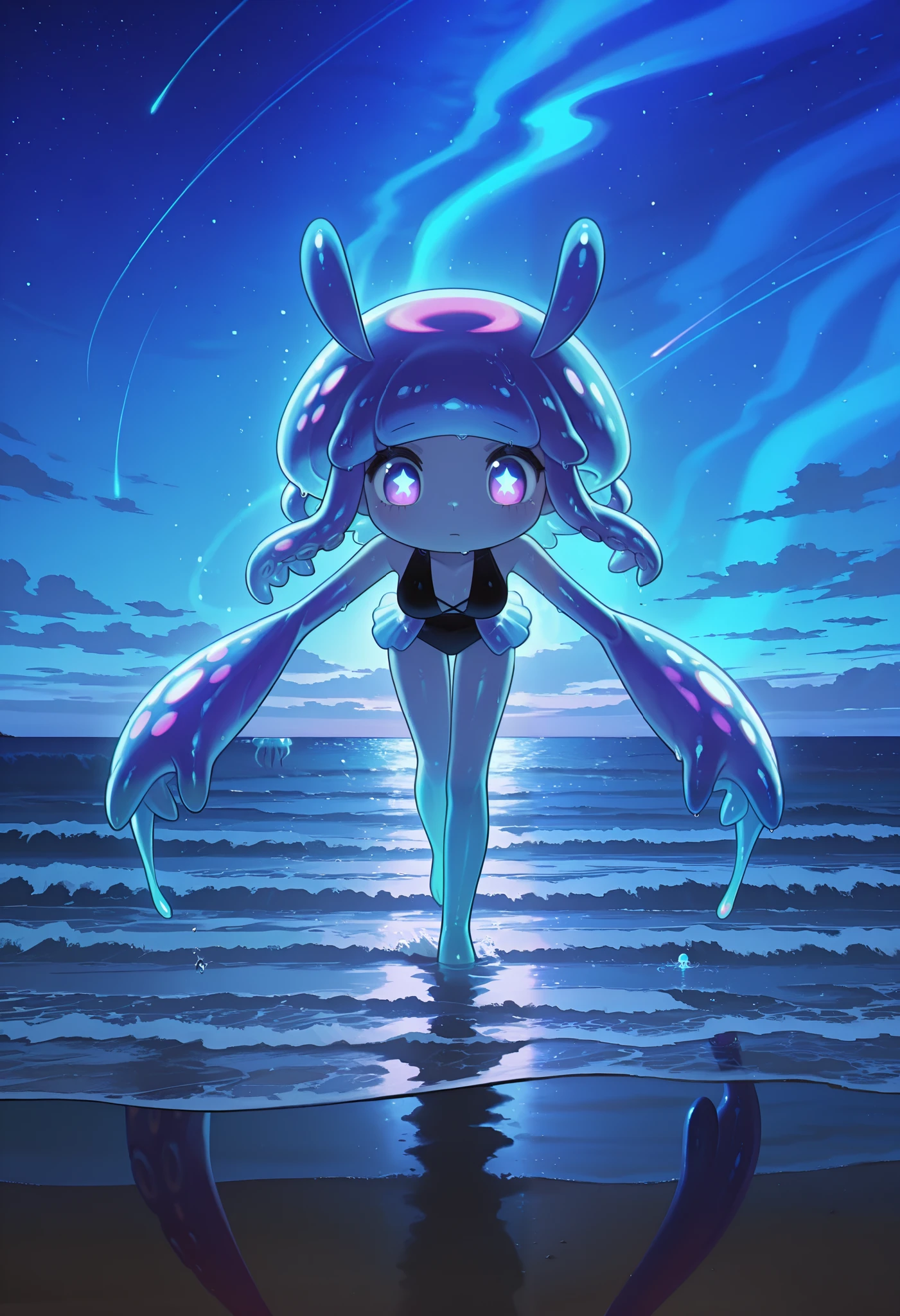 masterpiece, best quality, amazing quality, anime screencap. BREAK. girl, humanoid, octopus arms, tentacle arms, star-shaped pupils, jellyfish hair, translucent hair, bioluminescence, alien antennae, aquatic theme, emerging from water, walking on beach, ocean waves, wet skin, fantasy creature, sci-fi fantasy, otherworldly, surreal, soft lighting, ethereal glow, intricate details, otherworldly beauty