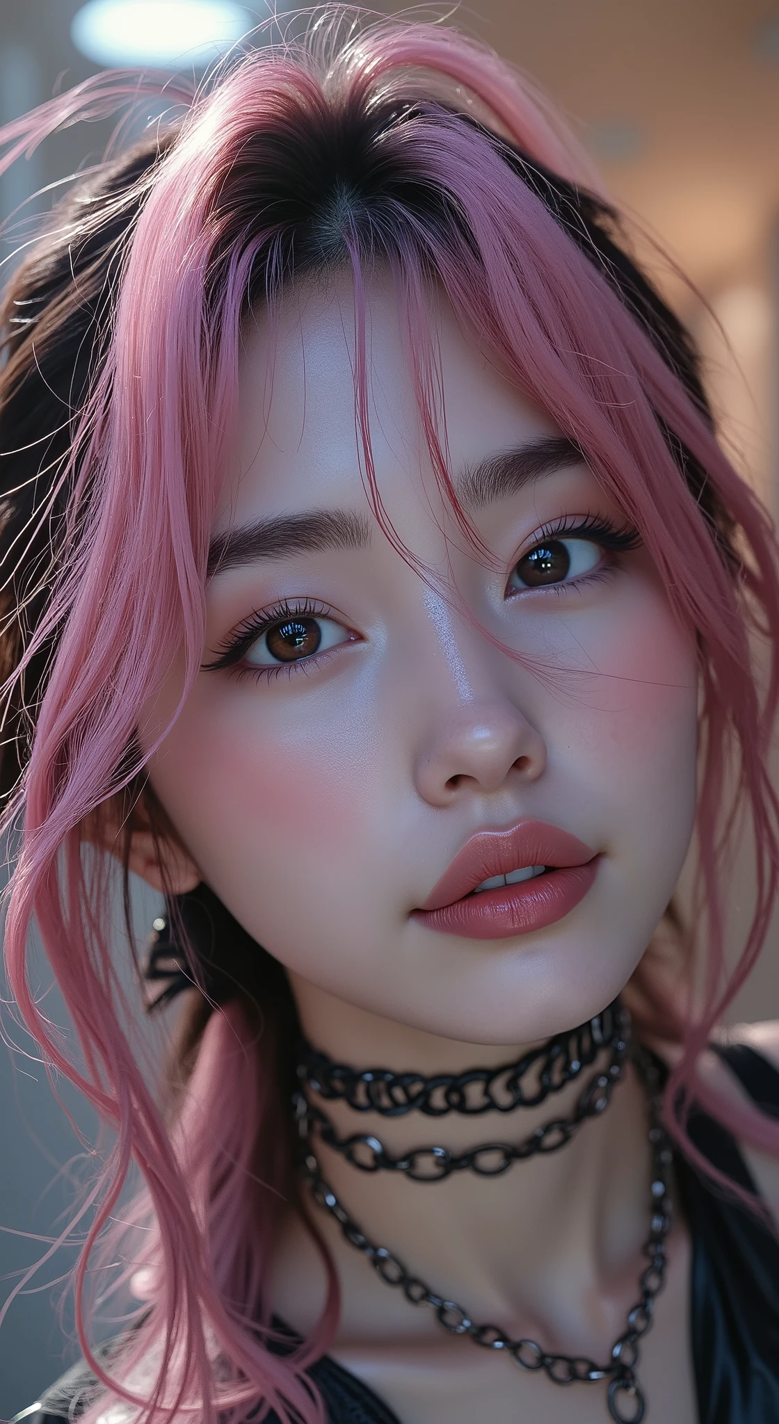 Realistic ((Photorealistic realism)),((high resolution)),((ultra insanel quality, professional extremely detailed digital art)), ((focus on extremely Realistic Proportion Body:1.3)), ((portrait)),((a cute and very beautiful, 1 Japanese, 30yo, famous Kpop idol:1.35)), (ultra realistic texture details: velvety skin, hair),((extremely beautiful face)), (intricate detail face), ((Hyper details realistic black_eyes:1.35)), ((finely details pupils:1.3)), ((detailed symmetrical lips:1.3)), (pink_lipstick:1.3), ((long eyelashes:1.4)), ((perfect dark_eyeshadows:1.4)), (Detailed nose:1.2), (perfect composition), ((pale skin)),((focus on the face, open mouth, joyful expression)),perfect female body,(Beautiful long legs in good style:1.3),((no bra, no panties:1.3)), (medium butt),(skinny body build),(perfect hot model body:1.4),((slim belly: 1.2)),(muscular body),((long pink stylish hair:1.3), extremely detailed:1.23), dressed in a slave outfit (made of latex:1.3), (dressed in cropped top (latec with chains:1.3)),long pants (tight black latex:1.4)., Depth of field, cinematic light, Lens flare, dslr, best high quality soft lighting, sharp focus captured by Fujifilm XT3, f 5.6, in a dramatic lighting, ((from below:1.3)),(show high exposed thighs:1.3),((full body shot:1.3))