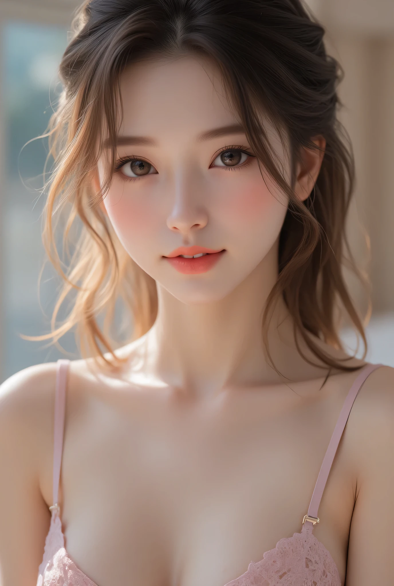 Amazing portrait of a woman who is 30 years old and an adult and a sexy neighbour next door wearing a loose oversized pink sweater during night time with soft lighting showcasing her red lips and her beautiful face in detail and close up