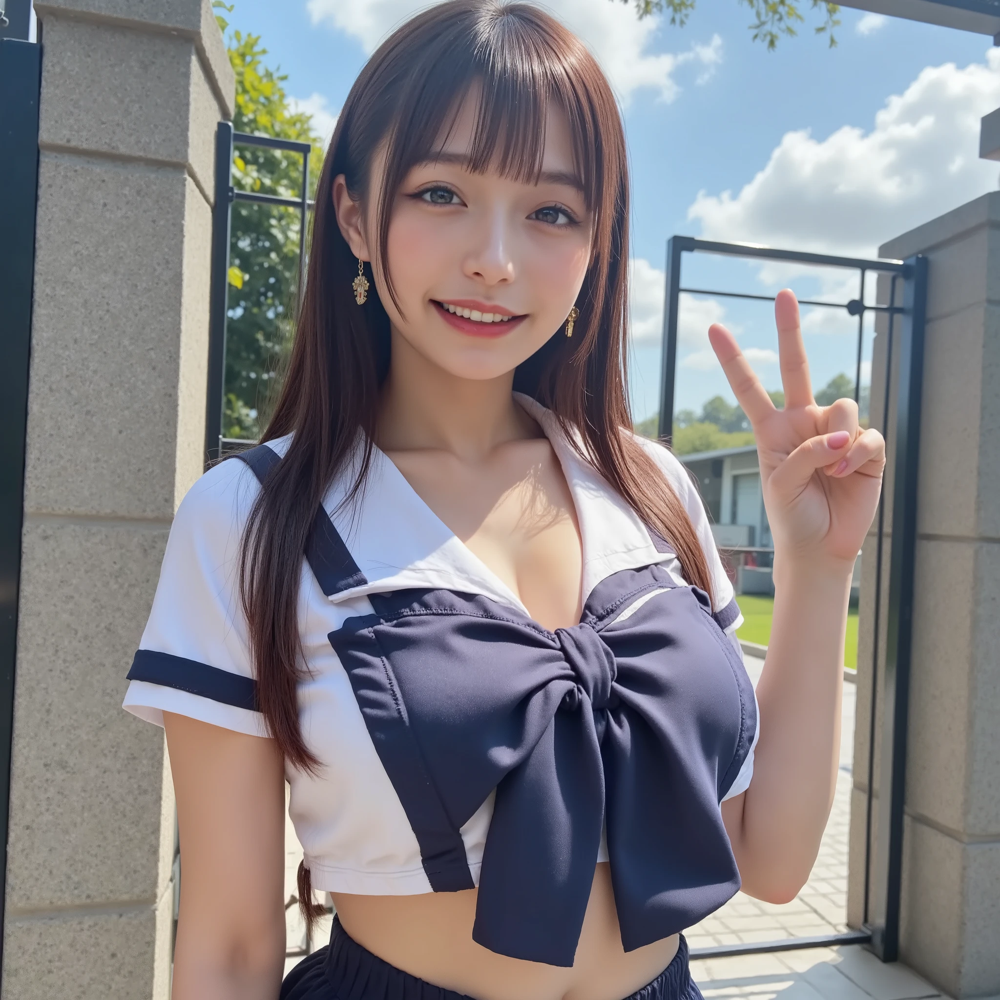 ((((( high school girl、 sailor suit)))))、whole body、smile、 peace sign、( long dark hair:1.5), School gate、Clear skies、 (Big Breasts:1.7) 、 miniskirt 、 looking at the camera