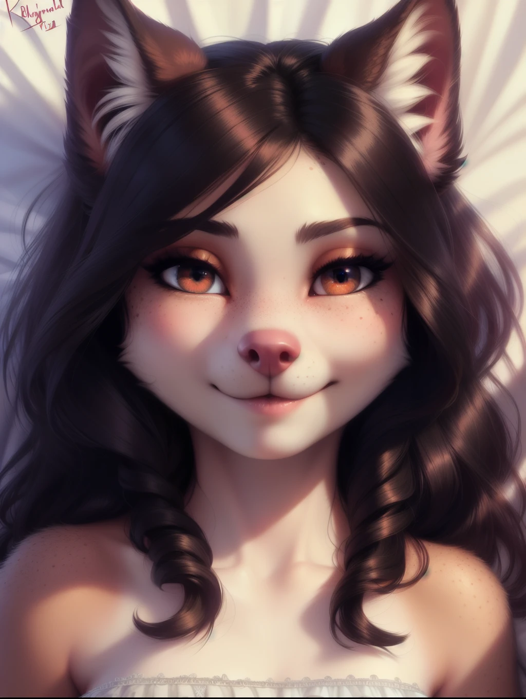 (source_e621), A beautiful and detailed (sweet portrait), ((girl anthro domistic dog)), anatomically correct, Schlank, Small breasts, Hochgeladen E621, detailed flauschige fur, (von Fluff-Kevlar, Bayard Wu, personalami, Pino Daeni), 1girl, medieval Adventure clothes, adorable, facing viewer, bedroll, missionary position, 1girl, realistic, ultra sharp image, view from above, (solo), first person view, cleavage, masterpiece, lying on her back, half body, beautiful hair, teeth, messy dark hair, perfect eyes, bellybutton, absurd resolution, snout, waiting, freckles , eyelashes, (kissy face), (Kissing mouth), selfie, ,