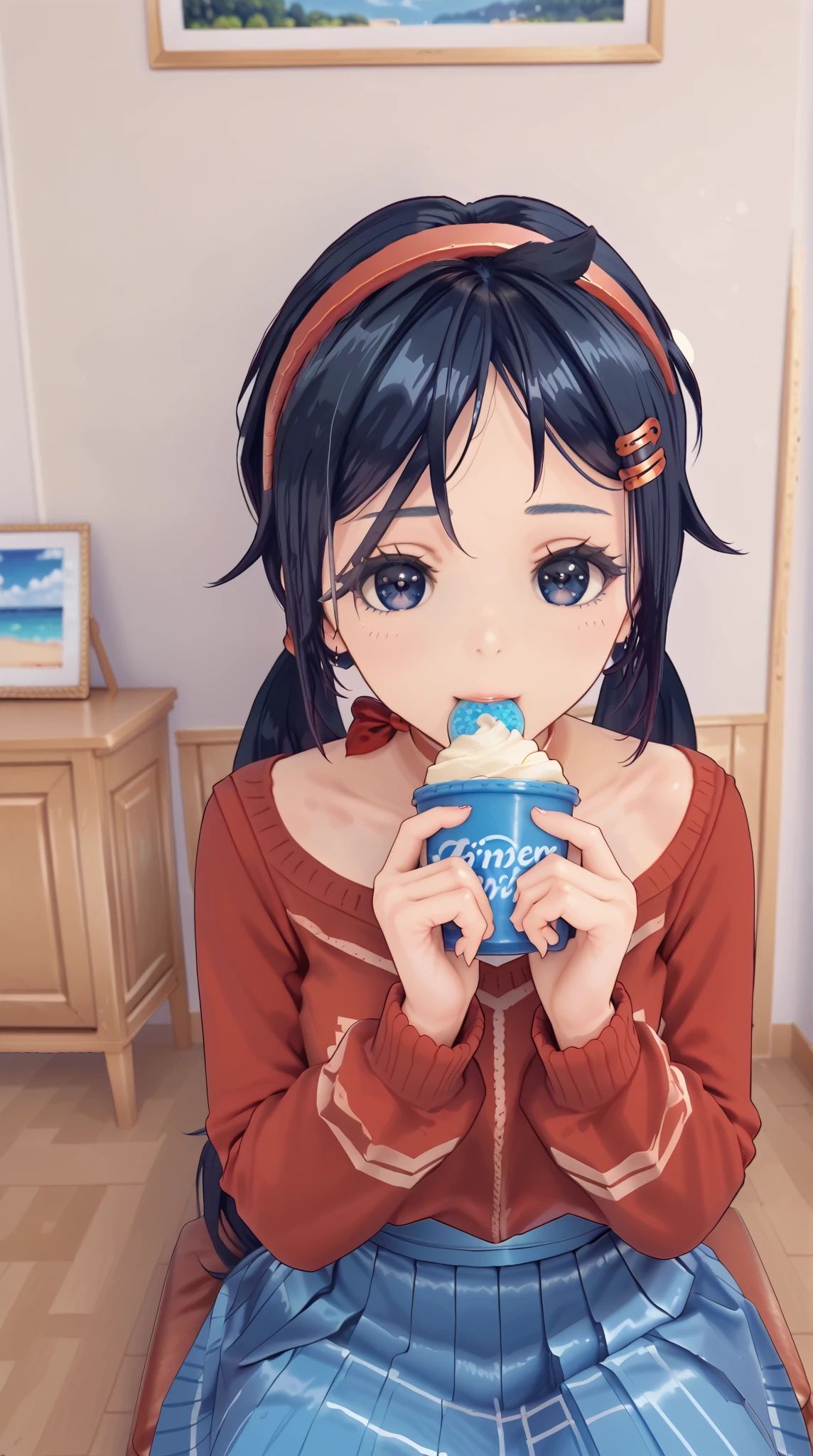 Shaved ice with one small fish on it, happily eating shaved ice