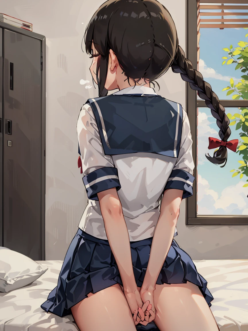 Highest quality,wonderful,finely,Highly detailed CG Unity 8k wallpaper, (High Contrast), Sailor suit, (Light blue striped underwear), (Beautiful ass:1.3),(Black Stockings),(Thighs:1.2)