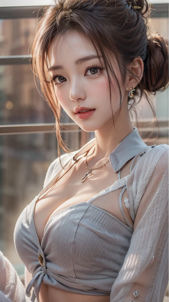 (Buttons that match the length of the shirt: 1.2), (Unbuttoned shirt: 1.1), The chest is visible,highest quality, masterpiece, figure, Very delicate and beautiful, Very detailed, CG, Unity, 8k wallpaper, wonderful, The finer details, Very detailedな CG Unity 8k 壁紙, Large file size, Very detailed, High resolution, Handsome detailed woman, Very detailedな目と顔, Stunning eye for detail, Face Light, (best figure: 1.1), (Best Shadow: 1.1), ultra High resolution, (Realistic: 1.1), (Realistic 1.2: 1.1), Realistic Face Proportions, slim, smile, (compensate: 0.4), (fluffy Iris: 1.21), Iris, Viewer's gaze, Dark brown hair, Bob Hair, Earrings, Cowboy Shot, (Irregular skin defects, vein, Wrinkles on the skin: pores: 1.2), (Dark Night Background: 1.2), (Bokeh: 1.4), shade, Outdoor