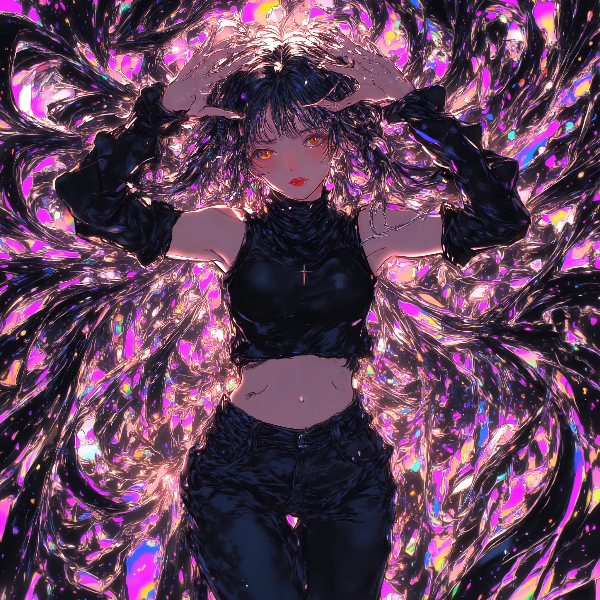 (masterpiece, best quality:1.2), 1 girl, unique, turtleneck woolen sleeveless top, navel, tight jeans, take a step forward, long twintails, glistening swirly golden eyes, f3nn3r, colourful, pink, blue, black, red, trippy, psychotic, psychedelic, losing my mind, creative background, no face, black body, heel boots, (push up hair with hands)