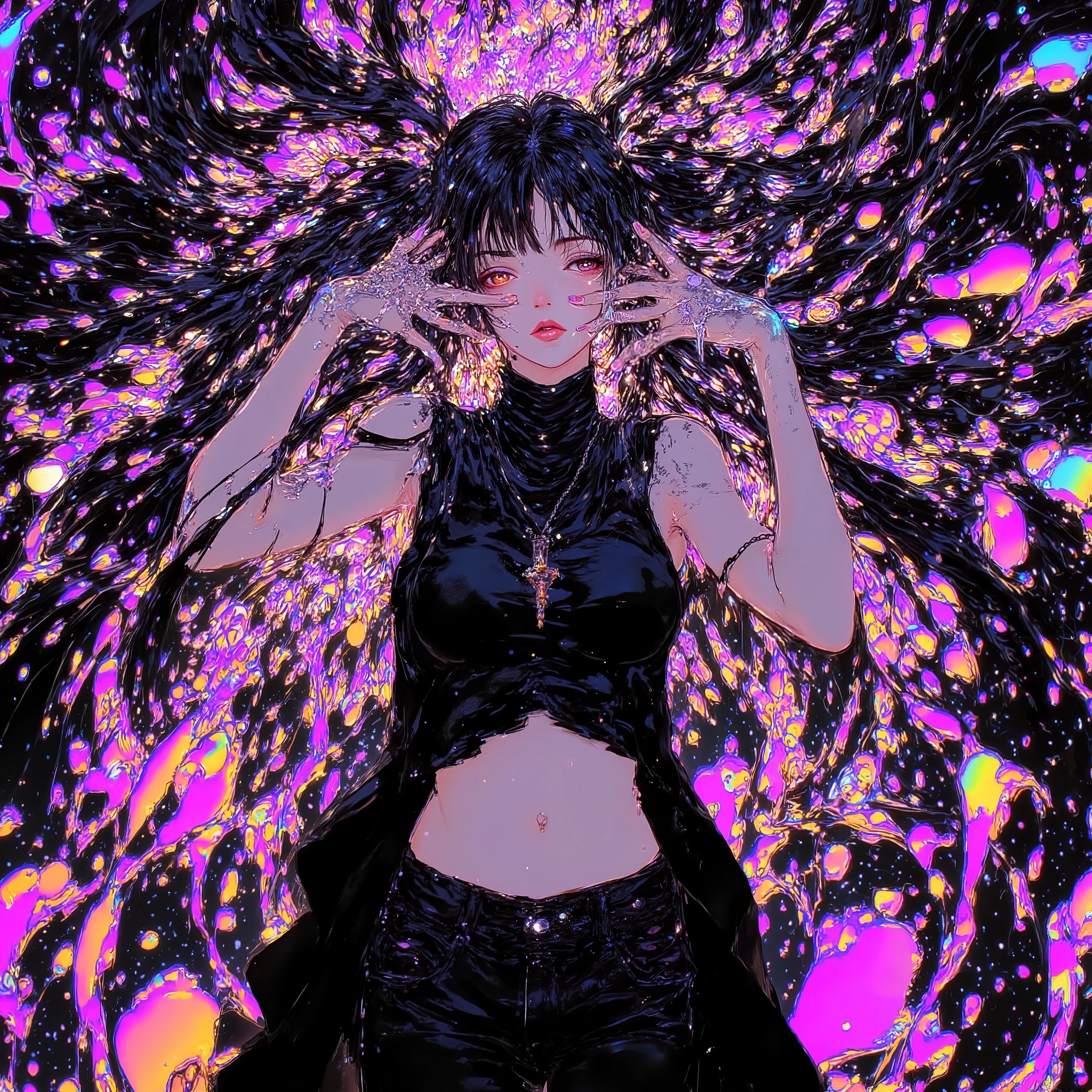 (masterpiece, best quality:1.2), 1 girl, unique, turtleneck woolen sleeveless top, navel, tight jeans, take a step forward, long twintails, glistening swirly golden eyes, f3nn3r, colourful, pink, blue, black, red, trippy, psychotic, psychedelic, losing my mind, creative background, no face, black body, heel boots, (push up hair with hands)