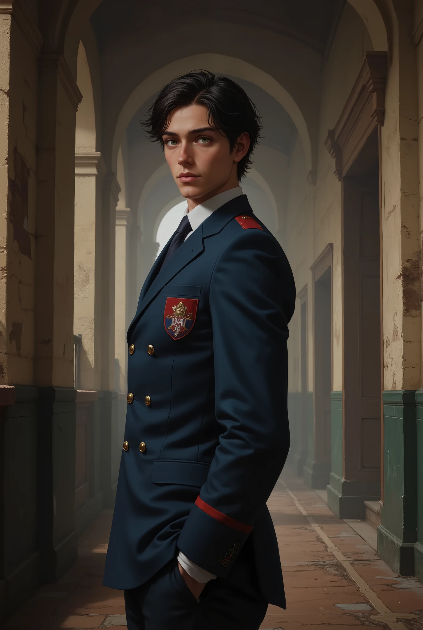 18 year old man, dark disheveled hair and green eyes, he is standing with his back turned with his face facing forward, looking straight ahead, he is wearing a British school uniform in blue and red, showing him in full body, his body is defined, the background is a corridor of an old boarding school.