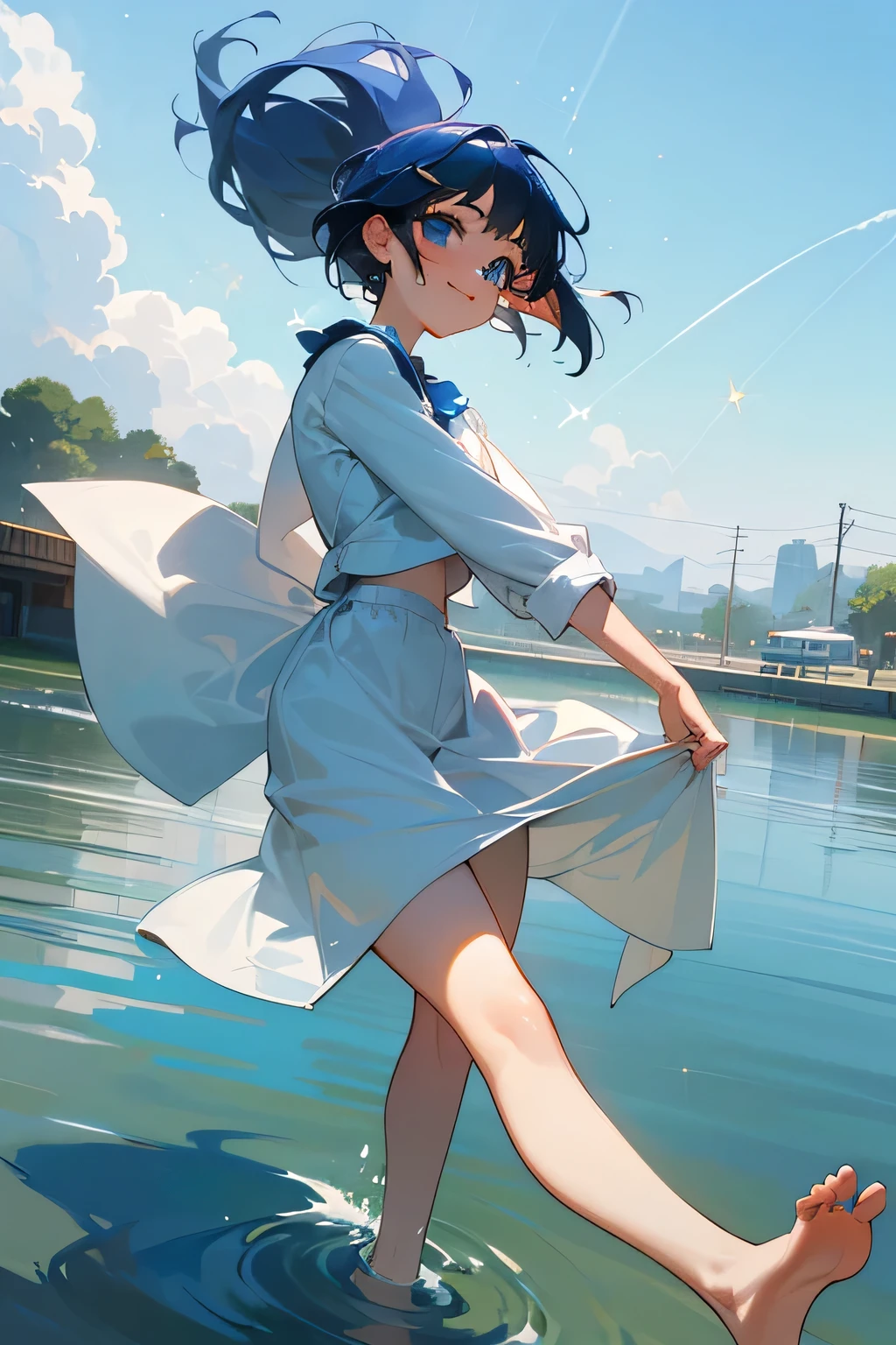 Anime girl in a white dress is walking in the water - SeaArt AI