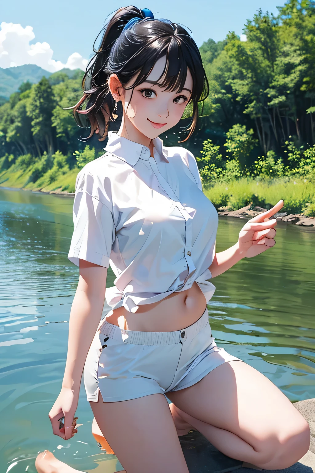 top quality、 Hi-Res、( high image quality:1.2)、 Masterpiece、 detailed background、age beauty、 big size、( Highly Detailed Face:1.2)、 detailed expressions 、( Details:1.2)、 anatomically correct、(Normal number of fingers:1.2)、Bright-colored hair、 braided bob cut 、 ponytail、
( under the clear blue summer sky 、 the girl who landed on the riverside :1.5)、( and approach the waterside while barefoot :1.5)、 ( she rolls up her sleeves of her white shirt lightly and approaches the waterside while barefoot {x} {x} her A smile also reflects light drops of water It was as dazzling as if it contained a moment of summer sparkle:1.5)、
crouch under your stomach、When you reach out gently 、 cold water slips through between your fingers 、 while laughing mischievously 、Scoop water with both hands、 throw it into the air 、 transparent drops of water sparkle in the sun 、 shines for only a moment in the air 、 quietly dissolves into the river 、 cute