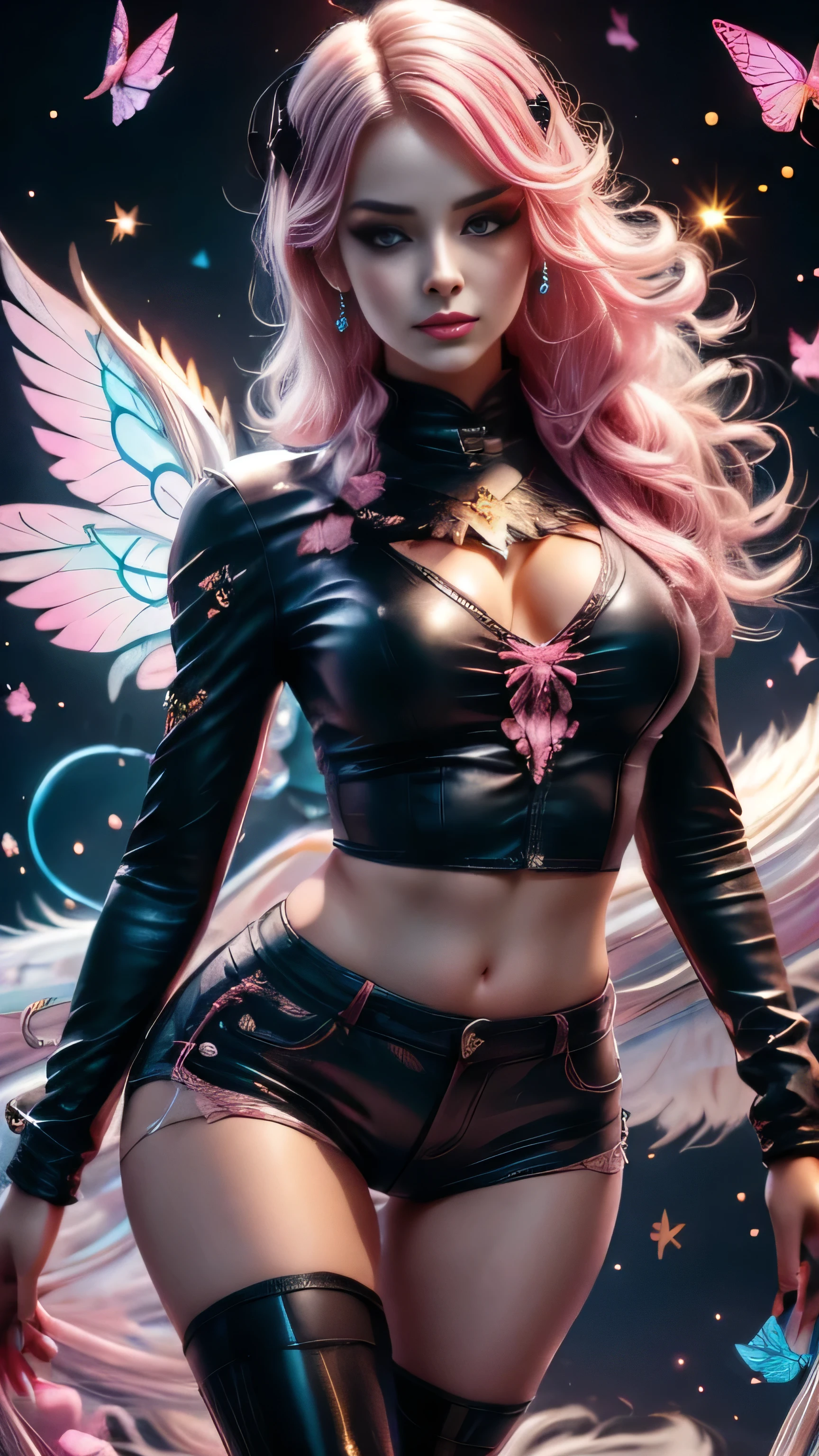 shimmering, sparkling, airbrushed gothic beauty with long black and pink hair in flowing waves, blue eyes, full slim skinny gothic cat girl body, ragged black and pink fluffy wings extending behind her crouching figure, her outfit consists of a pink long-sleeved top with the words "No More Flying" on it, ripped black jeans, pink leather boots, a mottled pink and black background with fluttering feathers, fantastic realism sparkles with unearthly magic