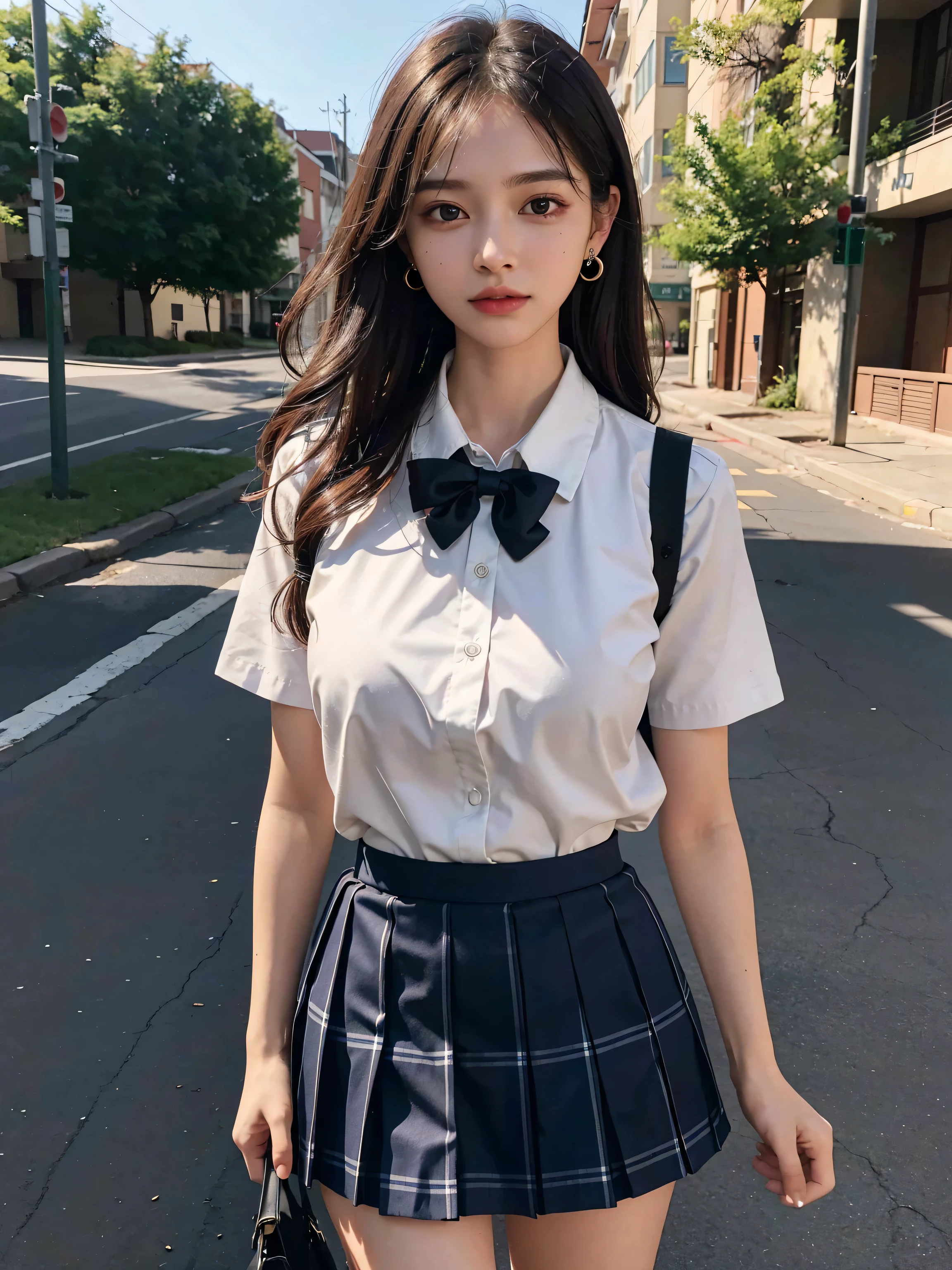 absurdres, RAW photo, extremely delicate and beautiful, masterpiece, Best Quality, ultra high resolution, 32k, hyperrealistic, ultra-detailed, perfect figure, Perfect Style, Perfect balance, in her 20s, very small head, very small face, delicate facial features, tearful mole, earring, very huge round breasts, full body shot, whole legs, short medium hair, wavy hair, outdoor, (school_uniform:1.2), dress shirt, tie,