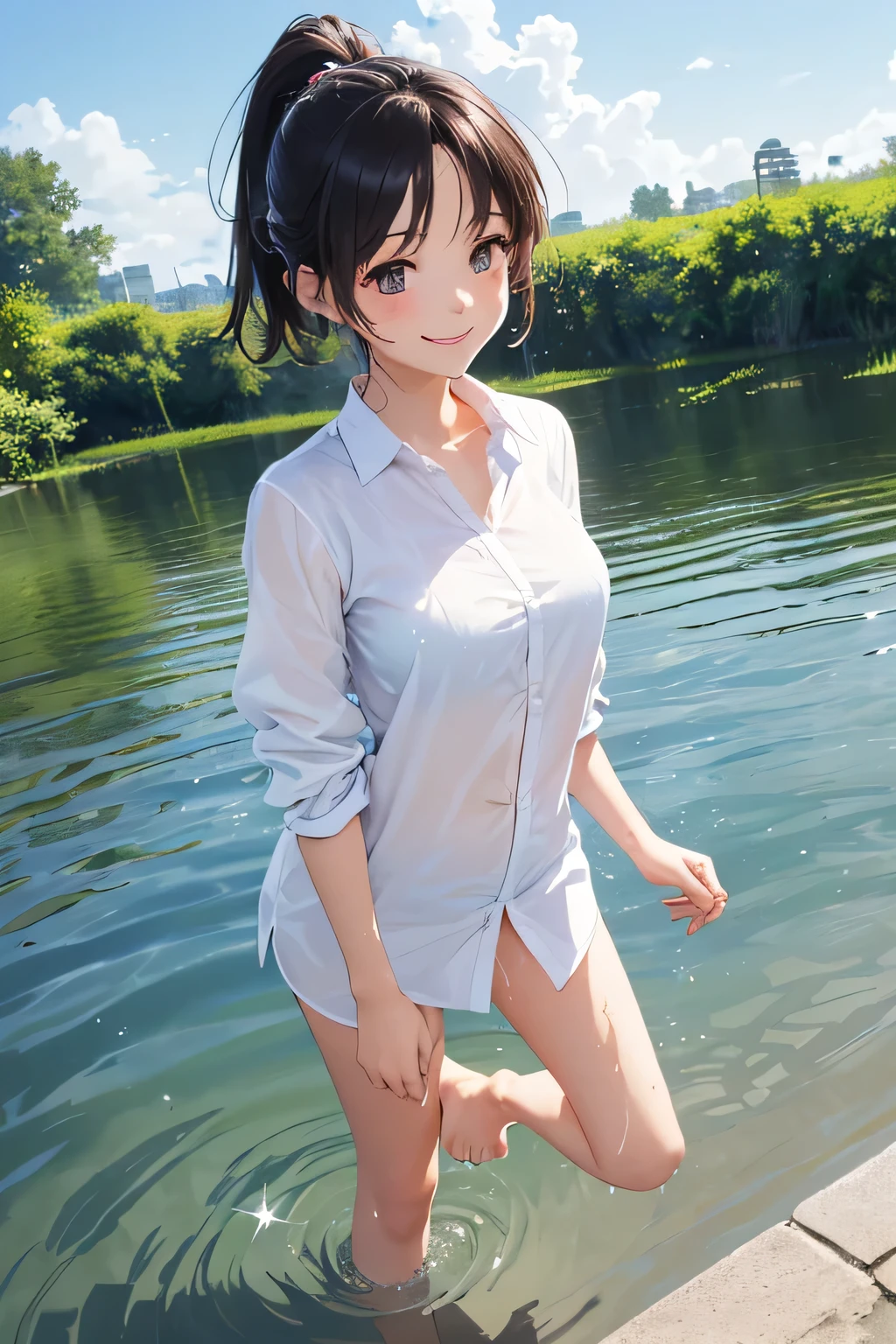 (8K、masterpiece、Highly detailed background、high resolution、Portrait、Knee Shot、Front lighting)、（Beauty、20-year-old、Short Hair、Brown Hair）、（My whole body is wet、、White short sleeve shirt、Underwear visible under the shirt）、Poolside、smile、Embarrassed expression