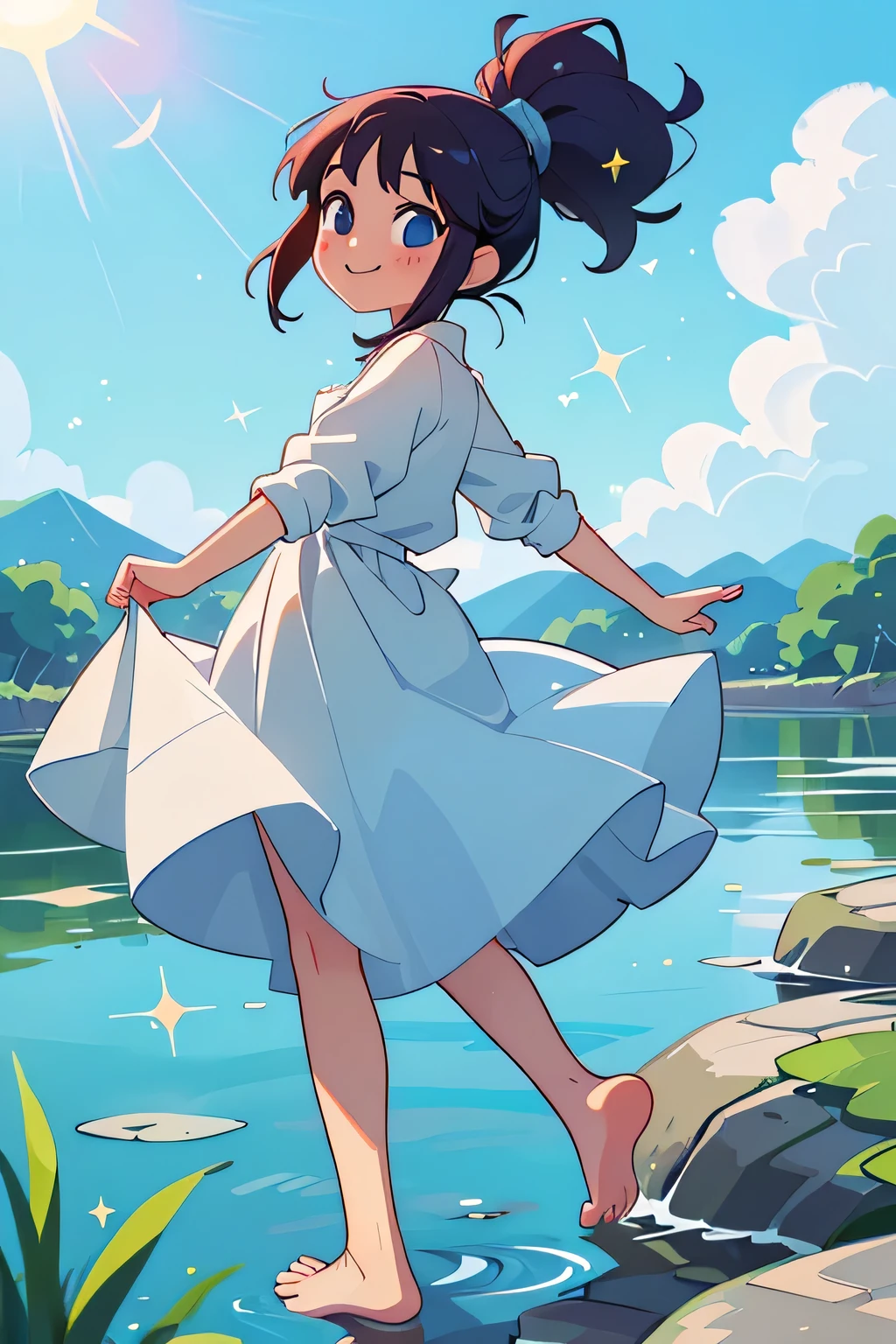 Anime girl in a white dress walking across a river - SeaArt AI