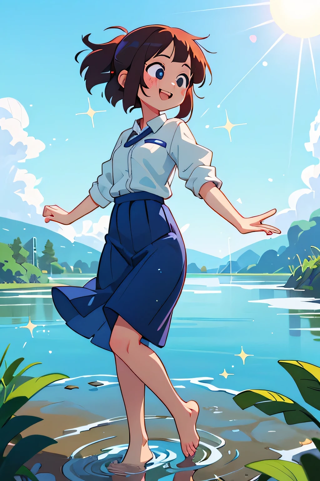 Anime girl in a skirt and shirt walking in the water - SeaArt AI