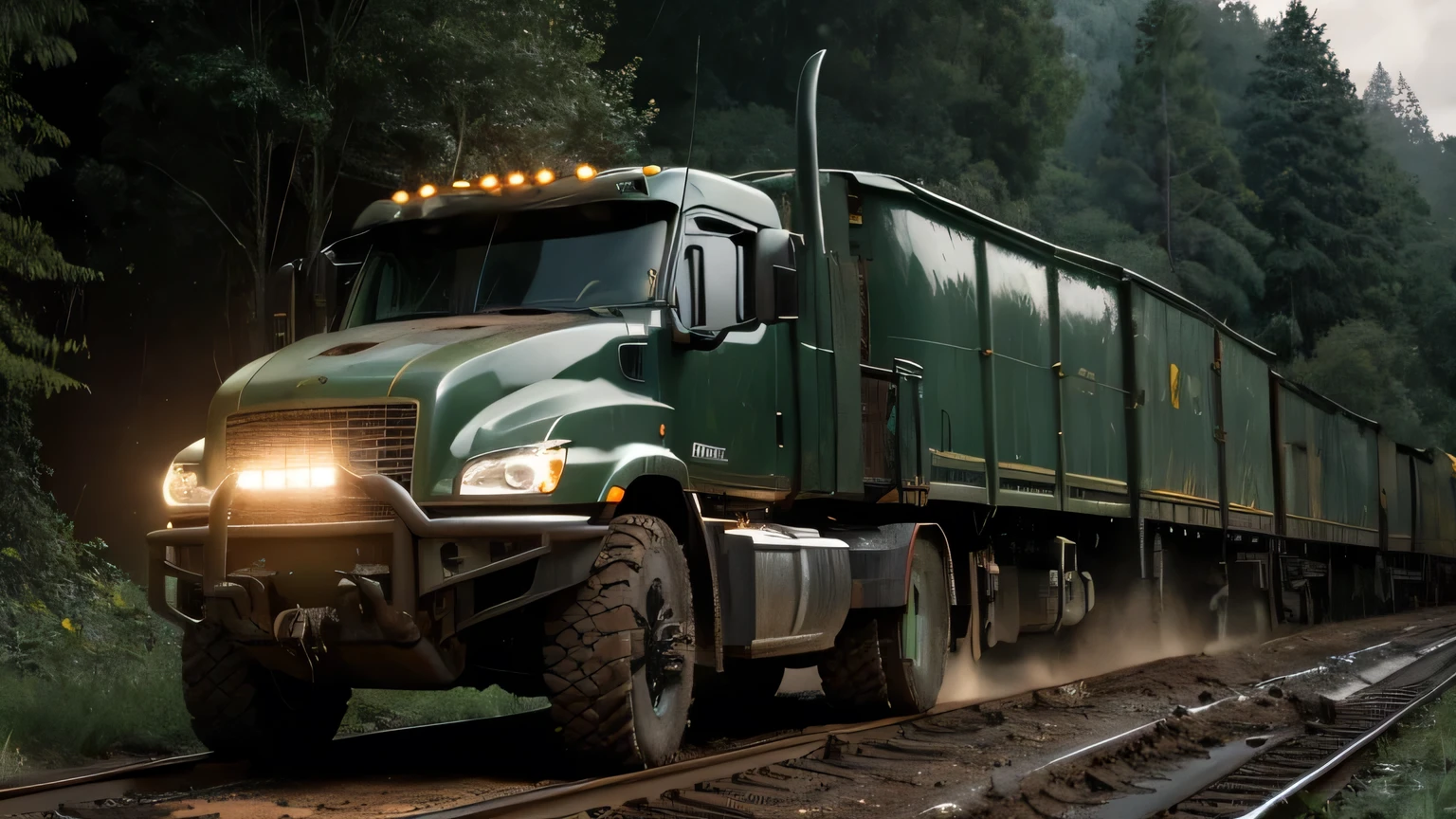A giant powerful truck, detailed mechanical parts, massive wheels, digging muddy ground, constructing railroad track, dense green forest, moody lighting, realistic 4k, cinematic lighting, photorealistic, highly detailed, octane render, intricate details, gritty worn textures, dynamic motion blur, dramatic shadows, rich colors