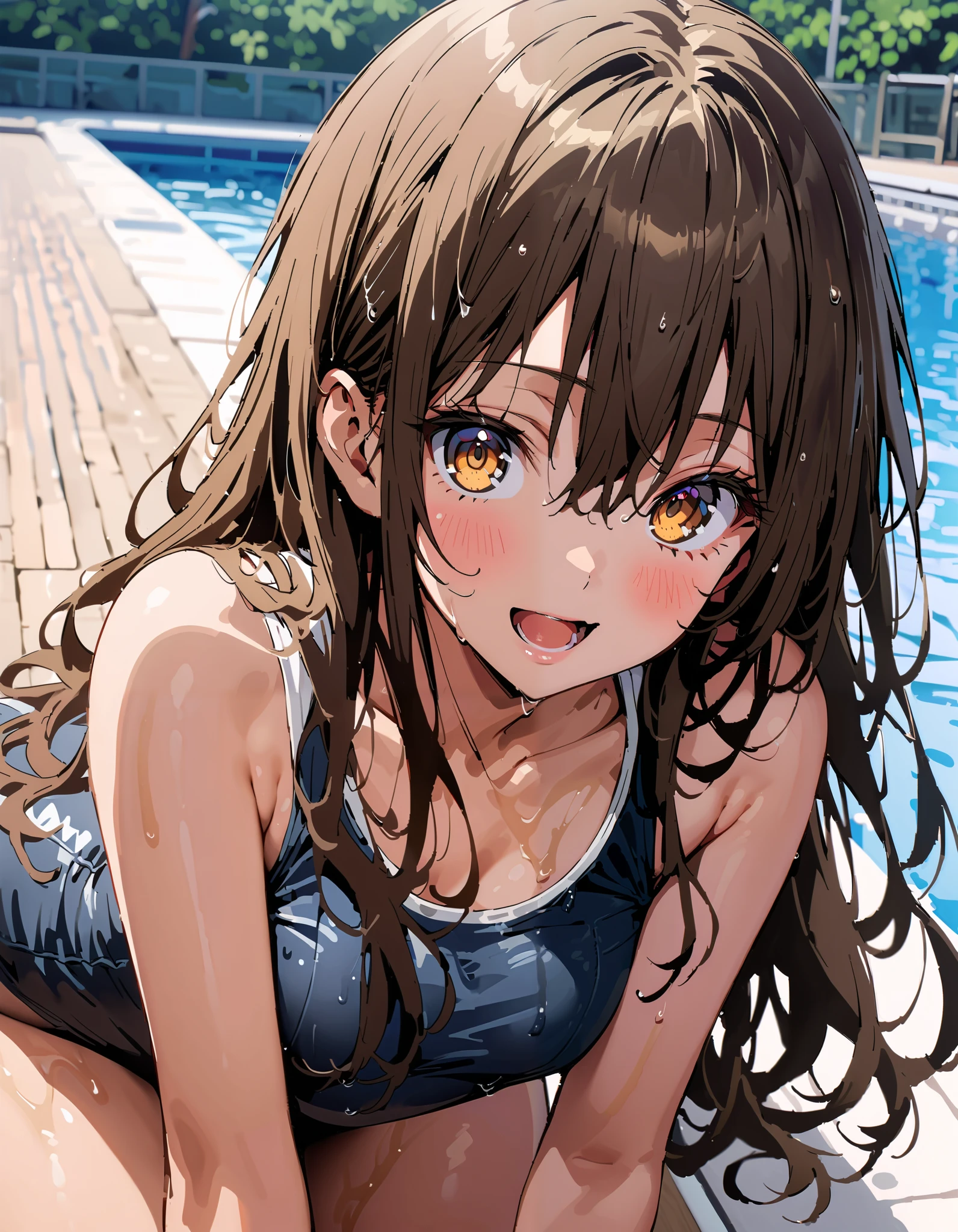 to follow, Yuki mandarin orange, brown eyes, brown hair, hair scrunchy, long hair, pink scrunchies, scrunchie , smile,blush, open your mouth, long hair, tan, school swimsuit,Bare legs, wet swimsuit , wet skin, wet hair, small tits,whole bodyがイラストに入るように,
break outdoors, pool,
break looking at viewer,whole body,
break ( Masterpiece:1.2), top quality , kampala, Unity 8k Wallpaper,(shape:0.8),( fine, beautiful eyes :1.6),It's a person ,whole body写真,CG Details , ( perfect hands, Complete Anatomy),