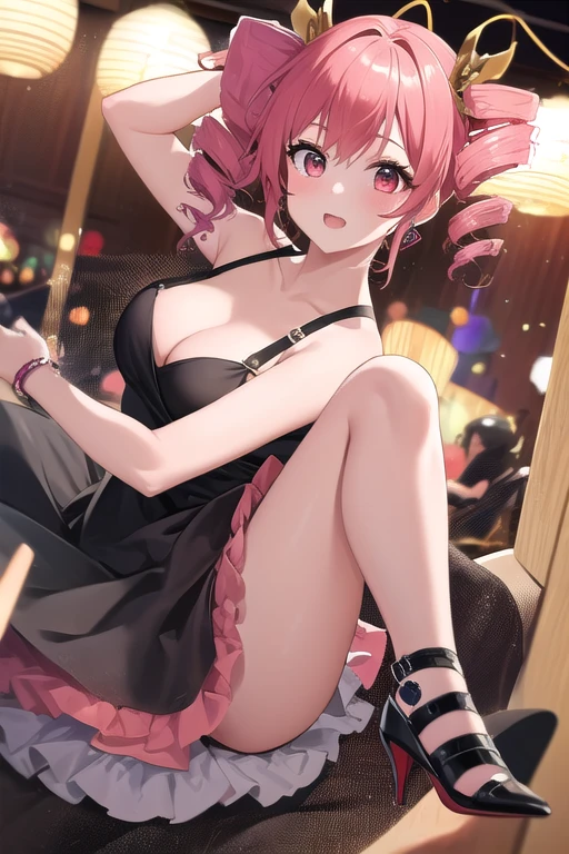 A solo shot of a Japanese high school girl with vibrant (pink hair styled) in ((short twin tails (forehead))), framing her forehead and accentuating her bright green eyes. (pink cat-ear headphones), radiant smile that directly engages the viewer. The soft focus highlights the sparkle in her eyes, ((dance)),dynamic dancing moves with full of energy and movement, jumping high, (Pink color eyebrows),(((black color lace dress))),choker, black thighhighs,zettai ryouiki,jewelry,high heels,
