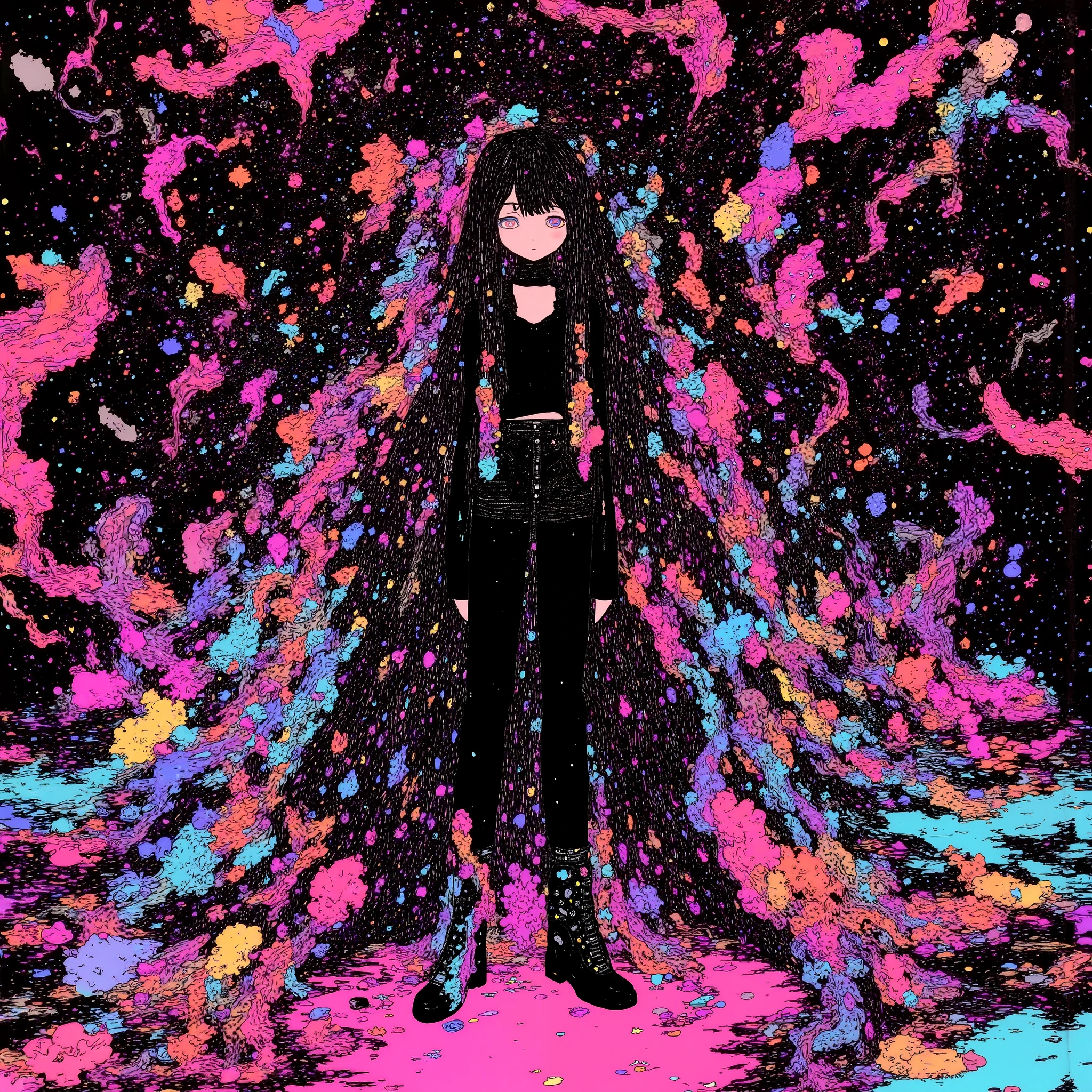 (masterpiece, best quality:1.2), 1 girl, unique, turtleneck woolen sleeveless top, navel, tight jeans, take a step forward, long twintails, glistening swirly golden eyes, f3nn3r, colourful, pink, blue, black, red, trippy, psychotic, psychedelic, losing my mind, creative background, no face, black body, heel boots, (push up hair with hands)