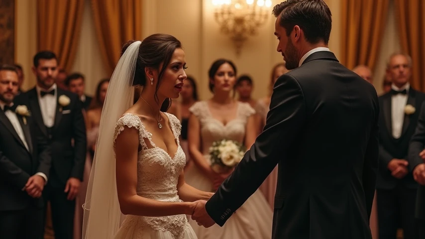 my wife is wearing a wedding dress,many men are hitting my wife's face with their genitals,I am very happy,she is smiling at me,I am holding my genitals with my hand