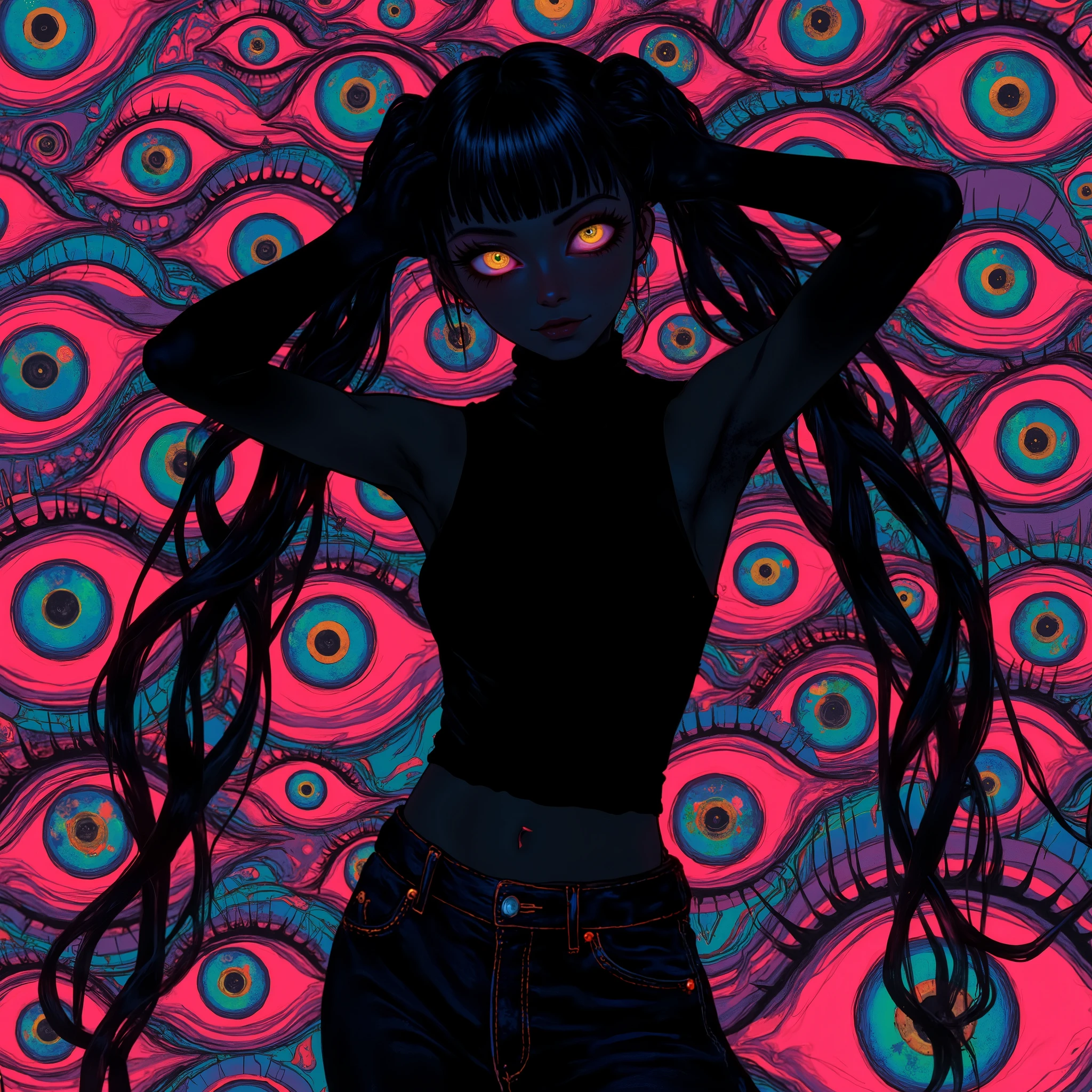 (masterpiece, best quality:1.2), 1 girl, unique, turtleneck woolen sleeveless top, navel, tight jeans, take a step forward, long twintails, glistening swirly golden eyes, f3nn3r, colourful, pink, blue, black, red, trippy, psychotic, psychedelic, losing my mind, creative background, no face, black body, heel boots, (push up hair with hands)