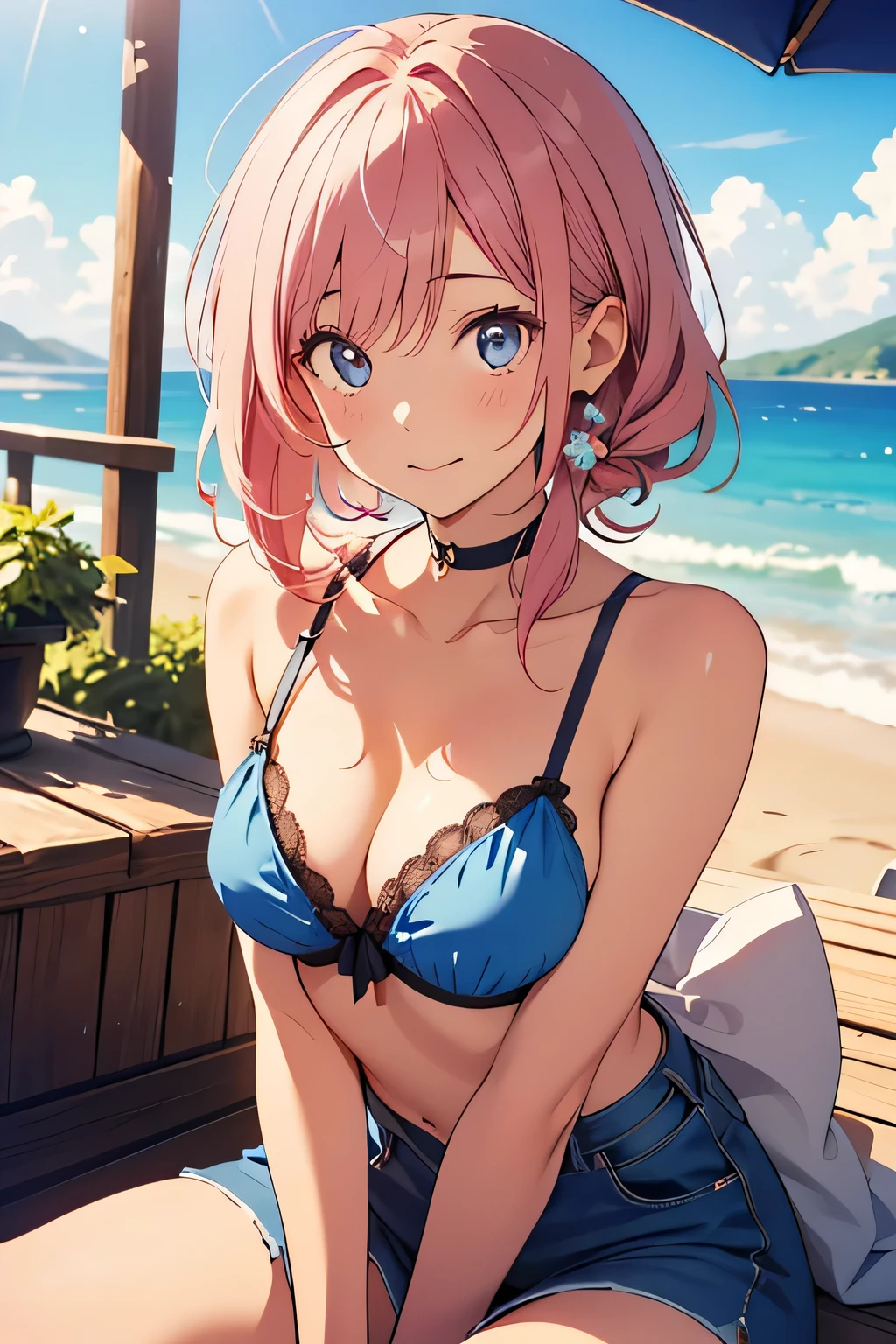 (1 girl),(Best Picture Quality, 8K, Masterpiece:1.3), (high school student:1.5), ((pink lob hair:1.1)), (bob cut),(swept bangs), (cute eyes, pupil black, iris skyblue, youthful face), (mole under right eye), (standard weight), (small breasts), (glistening skin:1.1),(pale skin:1.2),(bikini),(seaside),((Nymphet fashion:1.3)),(wet:1.1),((summer scene:1.2)),(magnificent view),(overlooking),(Smile).