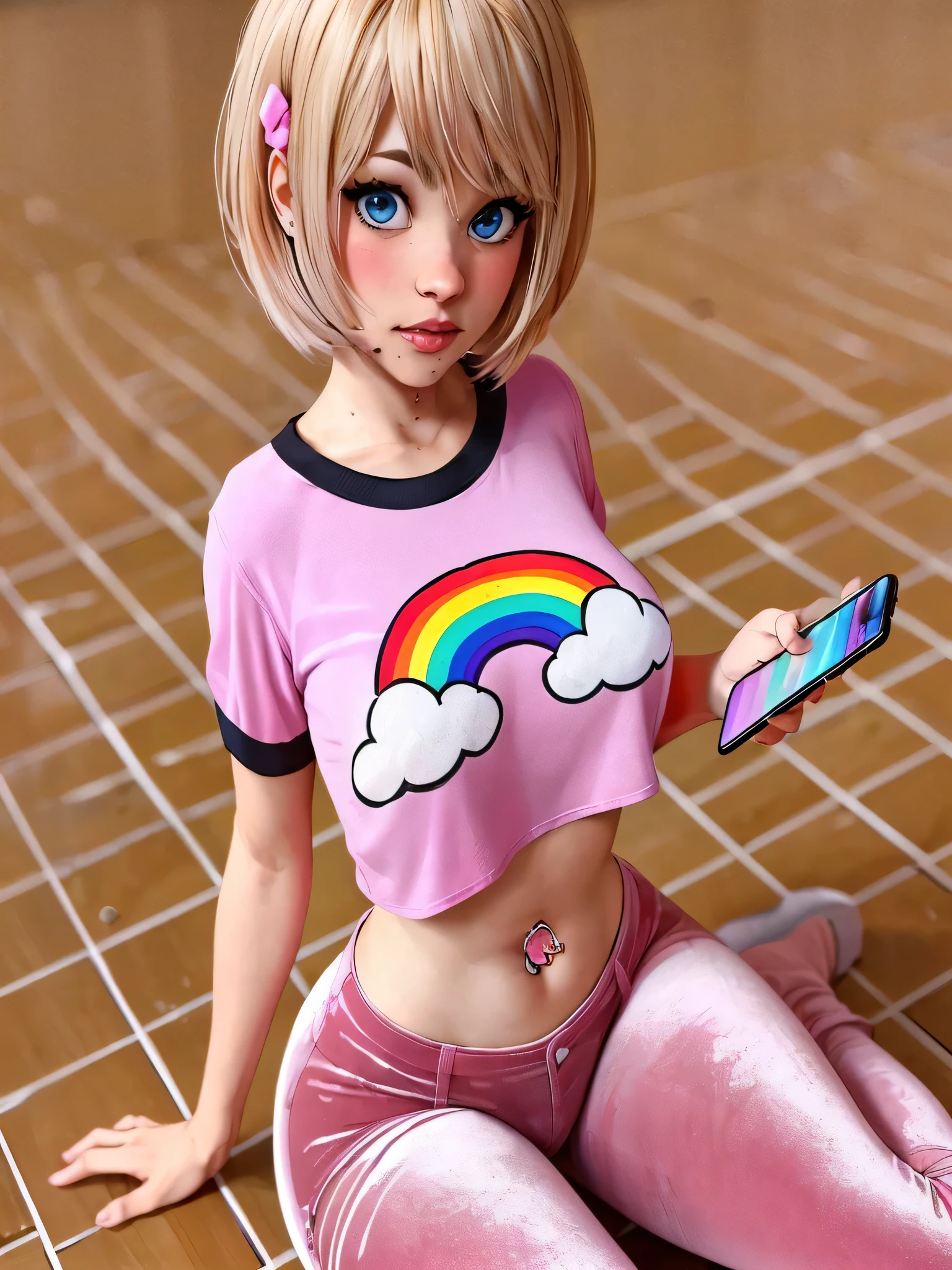 girl with short blonde hair, blue eyes, sitting, a mini shirt, with her belly showing, a pink mini shirt with black and short sleeves, tight shirt, on the shirt there is a drawing of two clouds and a rainbow in the middle, she wears a belly button piercing,she is sitting and holding a cell phone and wearing a tight pinkish-white velvet pants bust, tight pants