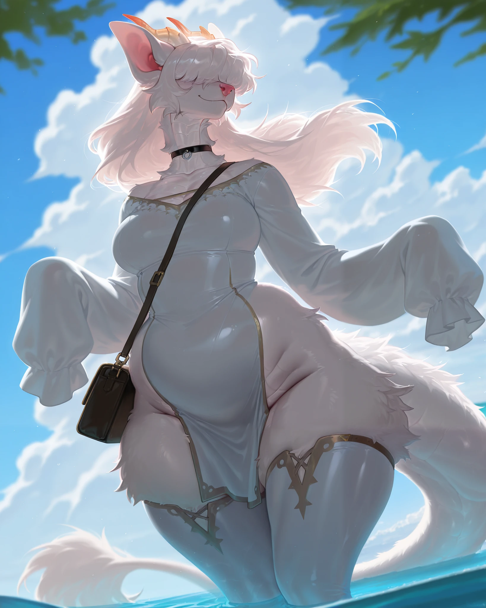 ultra-detailed, masterpiece, masterwork, high quality, best quality, hdr, posted on e621, (by inno-sjoa), (nature, sea, night), nsfw, female, solo, chibi, (white little body dragon), minotaur, (long silver hair, yellow eyes, white chubby body), stylish pose, front view, dynamic angle, (foreskin, balls)