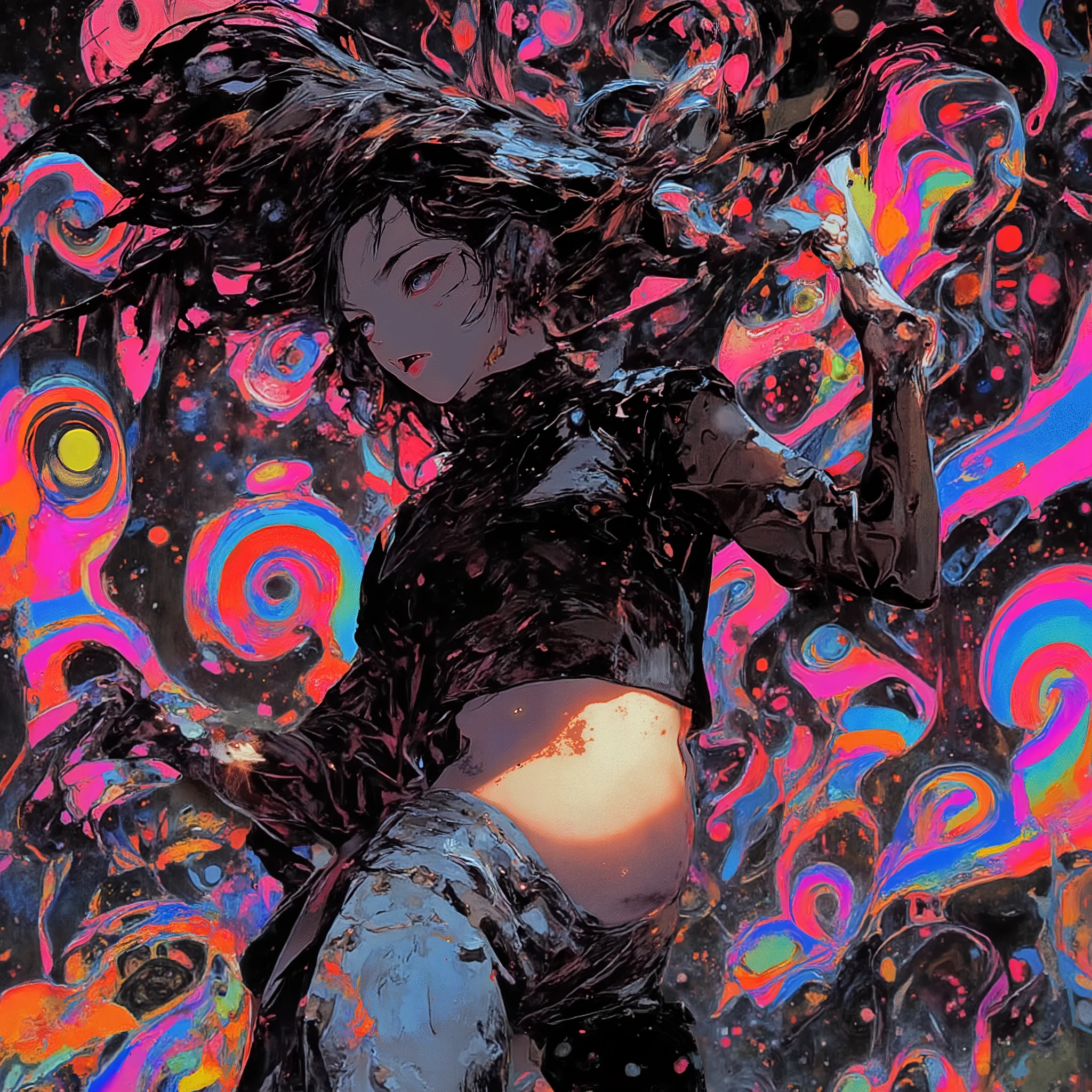 (masterpiece, best quality:1.2), 1 girl, unique, turtleneck woolen sleeveless top, navel, tight jeans, take a step forward, long twintails, glistening swirly golden eyes, f3nn3r, colourful, pink, blue, black, red, trippy, psychotic, psychedelic, losing my mind, creative background, no face, black body, heel boots, (push up hair with hands)