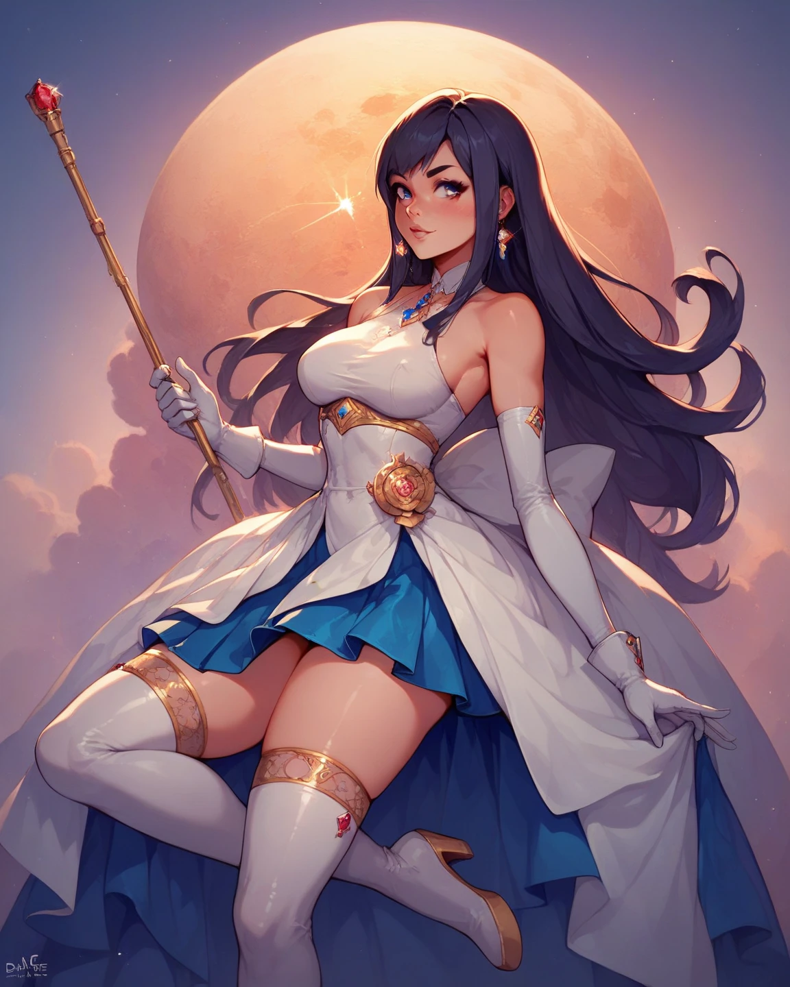 (masterpiece, top quality, best quality, official art, beautiful and aesthetic:1.2), (1girl:1.3), dark blue hair in braid, extremely detailed, portrait, looking at viewer, solo, (full body:0.6), detailed background, close up, (cool science fiction space theme:1.1), ((((blue skin)))), extremely busty sorceress, charlatan, mysterious, casting spells in space, four arms, revealing white and gold robes, fingerless gloves, long gloves, glowing magical energy, white blindfold, elaborate headdress, golden ceremonial winged crown, sheer white fabric, elegant robes, skirts, streamers, cowl, cape, sandals, bracers, ((((four arms, gigantic breasts, cleavage, skindentation)))), slim waist, slim hips, long legs, athletic, SPACE, futuristic moon, (space exterior:1.1) background, dark mysterious lighting, shadows, magical atmosphere, dutch angle
