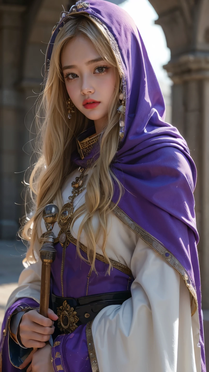 cute face. naked clear coat.dq pom , Long Curry . Blonde, earrings.、 Top Quality , bangs , Little head on the street :1.3 Ultra Realistic :1.2 , Masterpiece, Top Quality , More details, Realistic Lighting .A Broader Perspective. Stone construction、 fantasy . Outdoors