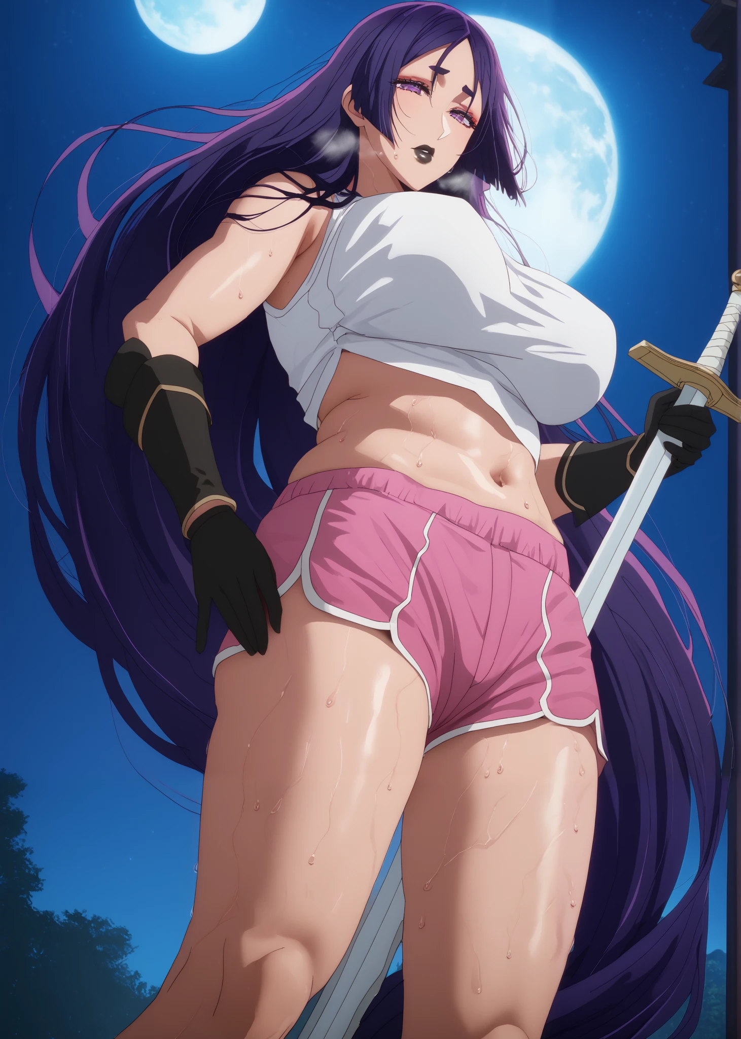 score_8_up, score_6_up, minamoto no raikou \(FATE\), long hair, very long hair, purple eyes, purple hair, parted bangs, thick eyebrows, mature female, (black lipstick, black lips:1.3), anime coloring, anime screencap, (voluptuous:1.3), (thick:1.3), BREAK UHD, retina, masterpiece, accurate, anatomically correct, textured skin, super detail, high details, high quality, award winning, best quality, highres, 4K, excessive sweating, sweating, sweating drop, (gasping, heavy breathing:1.3), (skindentation:1.2), perfect eyes, beautiful eyes, eyelashes, makeup, detailed body, perfect body, BREAK, 1girl, breasts, solo, thighs, looking at viewer, large breasts, weapon, navel, night, moon, gloves, sword, night sky, black gloves, sky, glow effect, magic-realism, sweating, sweating profusely, excessive sweating, sweating drop, gasping, heavy breathing, thight, half-closed eyes, thigh, thick, plump, looking at viewer, white shirt, sleeveless, dolphin shorts, short shorts, pink shorts, tank top, 
