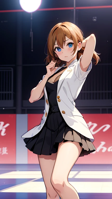 (Completely naked), (Looking up from under your feet), Background is the stage, Misaka Mikoto, 1girl, black choker, uhd, retina, masterpiece, ccurate, anatomically correct, textured skin, super detail, high details, high quality, best quality, highres, 4K