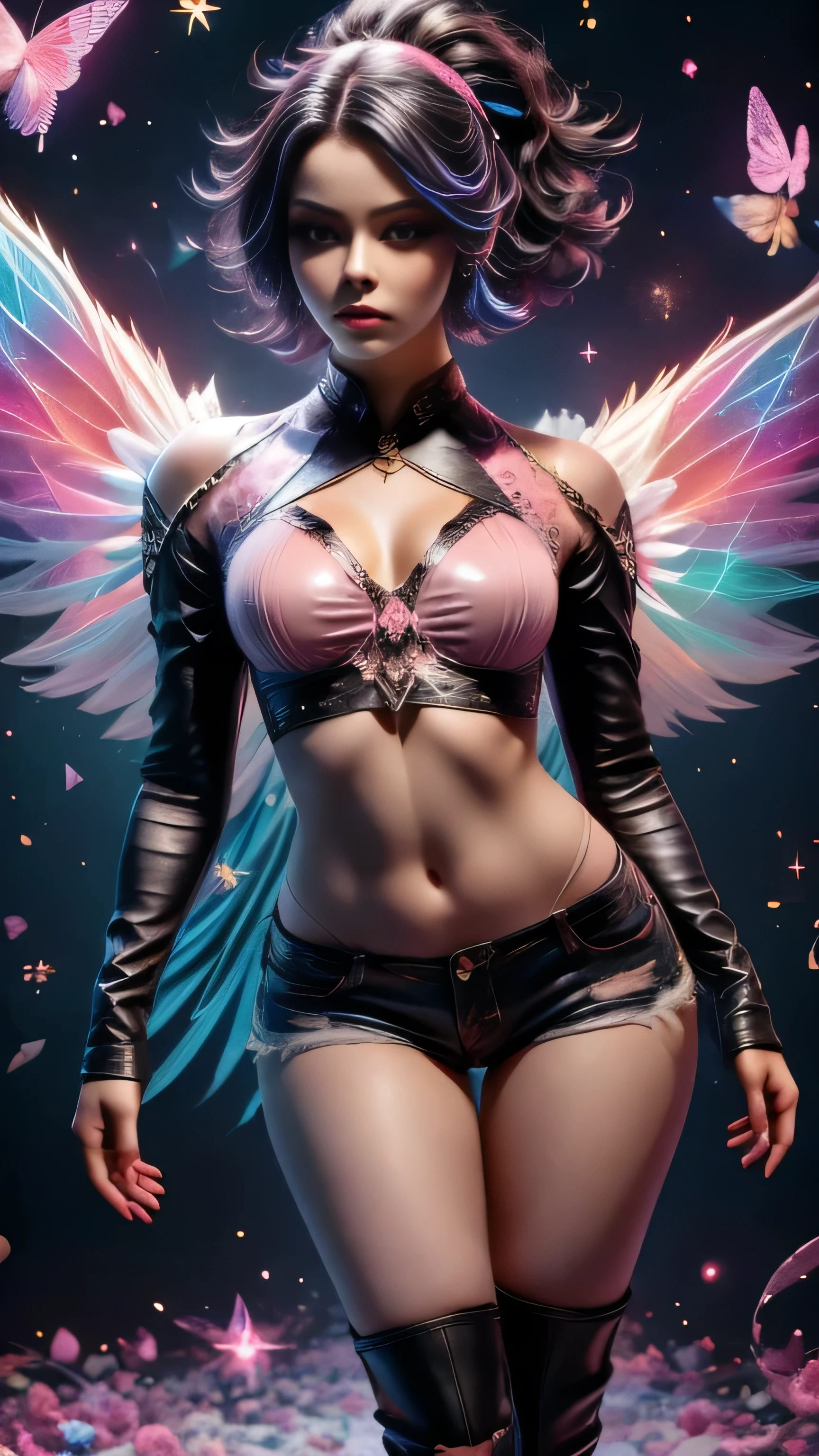 shimmering, sparkling, airbrushed gothic beauty with long black and pink hair in flowing waves, blue eyes, full slim skinny gothic cat girl body, ragged black and pink fluffy wings extending behind her crouching figure, her outfit consists of a pink long-sleeved top with the words "No More Flying" on it, ripped black jeans, pink leather boots, a mottled pink and black background with fluttering feathers, fantastic realism sparkles with unearthly magic